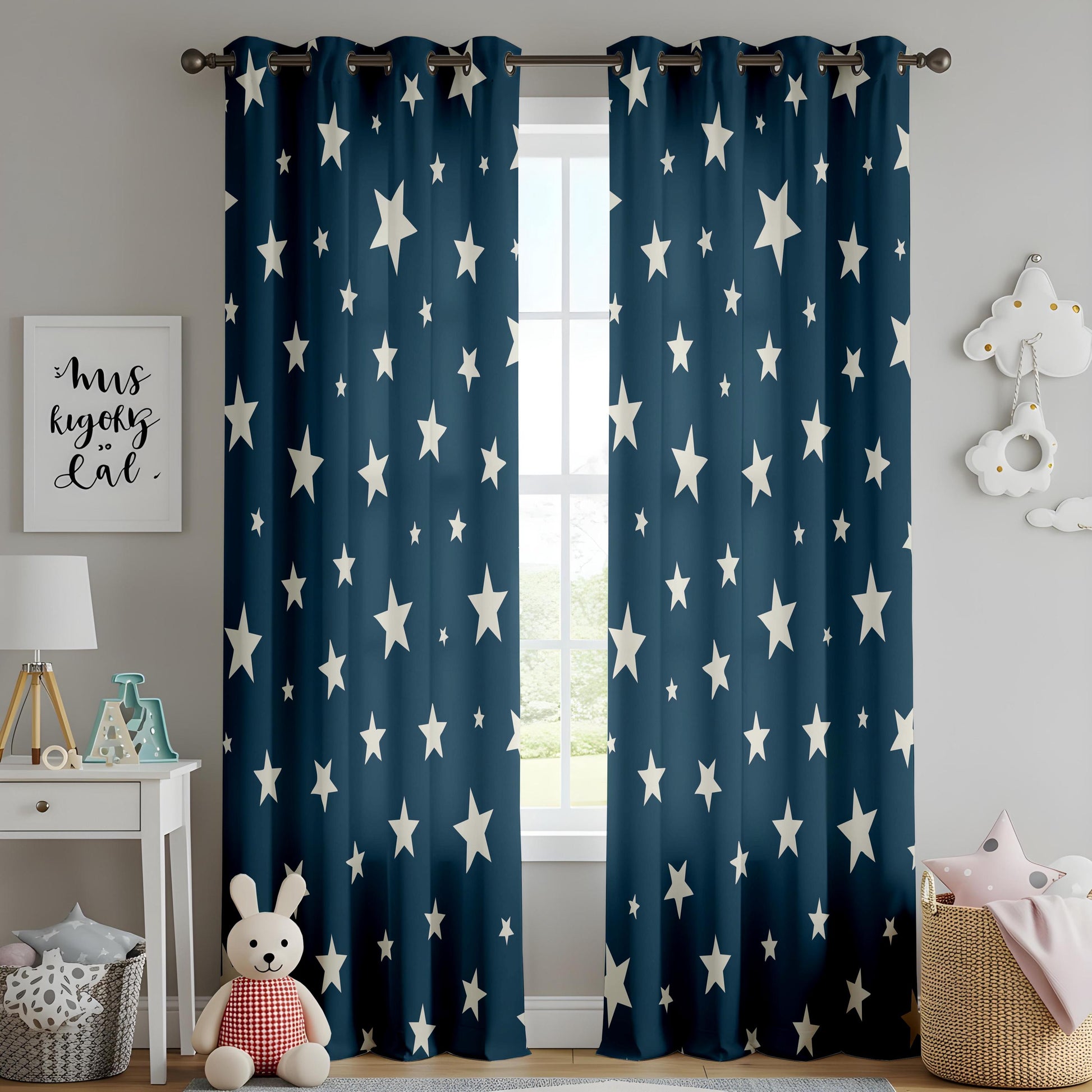 Onay Navy Star Print Curtains – Kids Nursery Night Sky Window Drapes