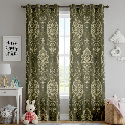Onay Olive Damask Curtains – Classic Baroque Pattern Window Drapes