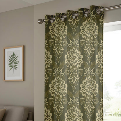 Onay Olive Damask Curtains – Classic Baroque Pattern Window Drapes