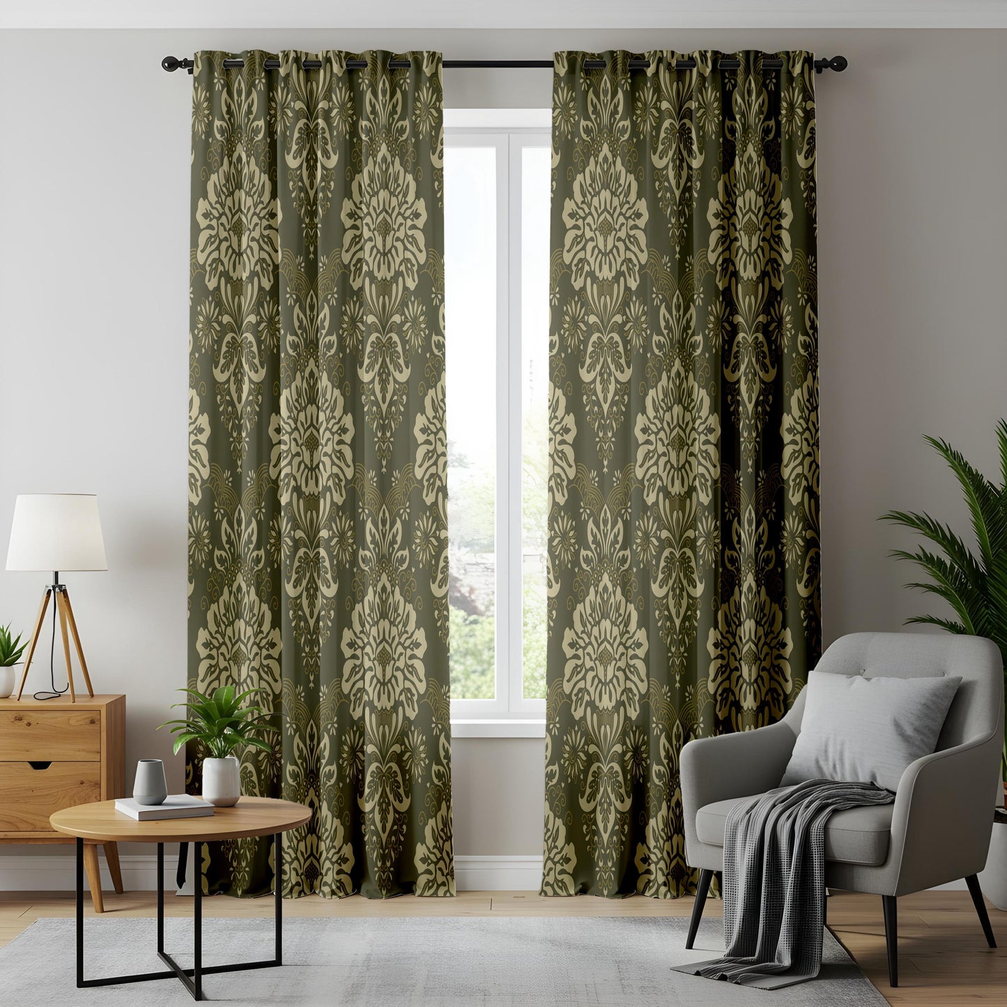 Onay Olive Damask Curtains – Classic Baroque Pattern Window Drapes