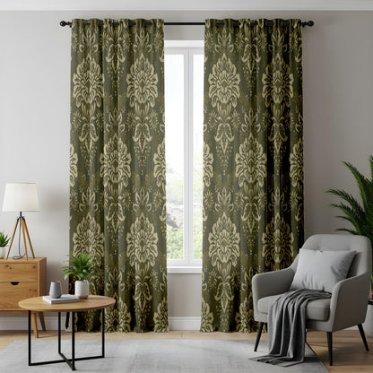 Onay Olive Damask Curtains – Classic Baroque Pattern Window Drapes