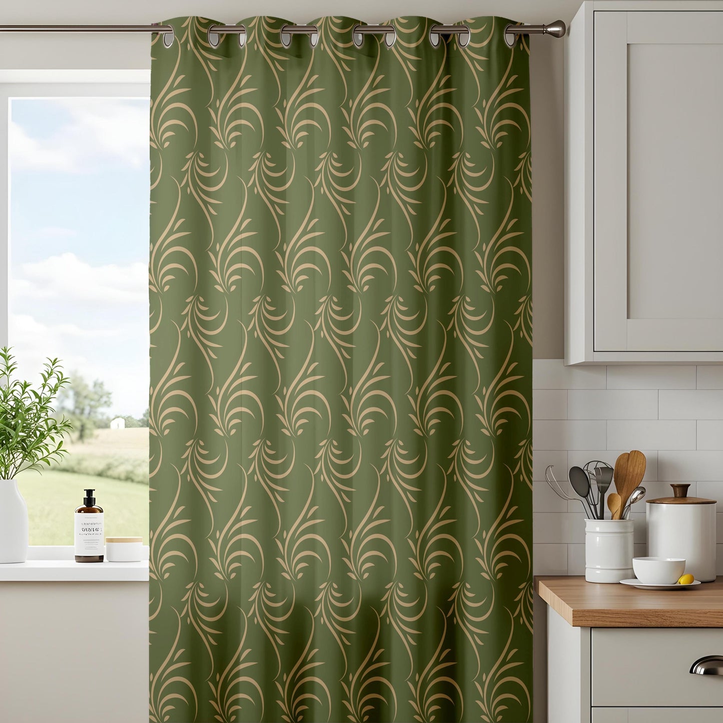 Onay Olive Gold Leaf Scroll Curtains – Botanical Swirl Window Drapes