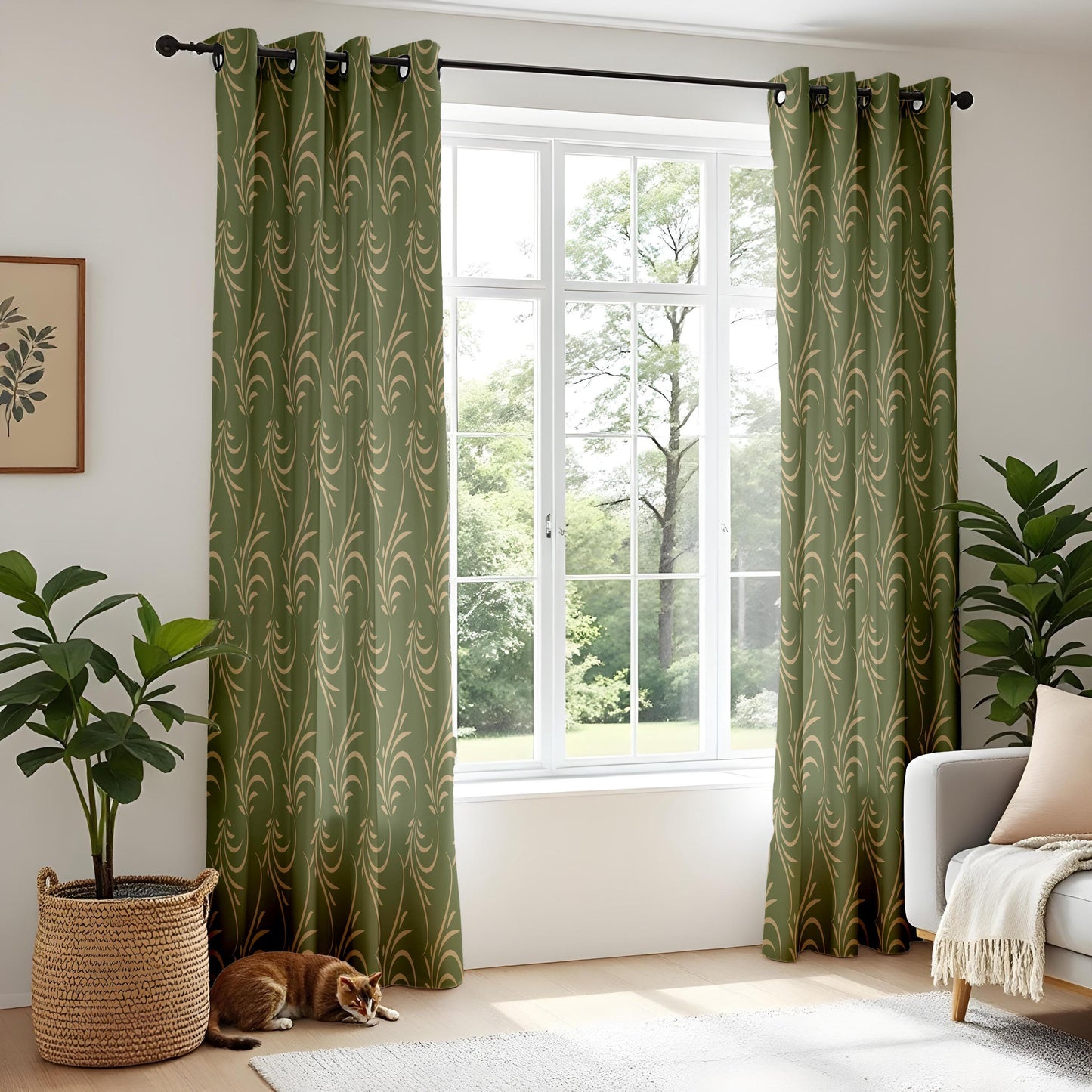 Onay Olive Gold Leaf Scroll Curtains – Botanical Swirl Window Drapes