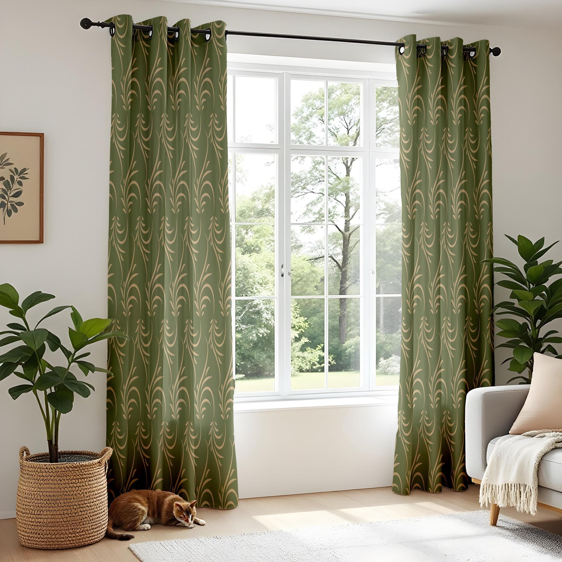 Onay Olive Gold Leaf Scroll Curtains – Botanical Swirl Window Drapes