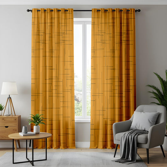 Onay Mustard Yellow Geometric Eyelet Curtains – Mid Century Grid Drapes