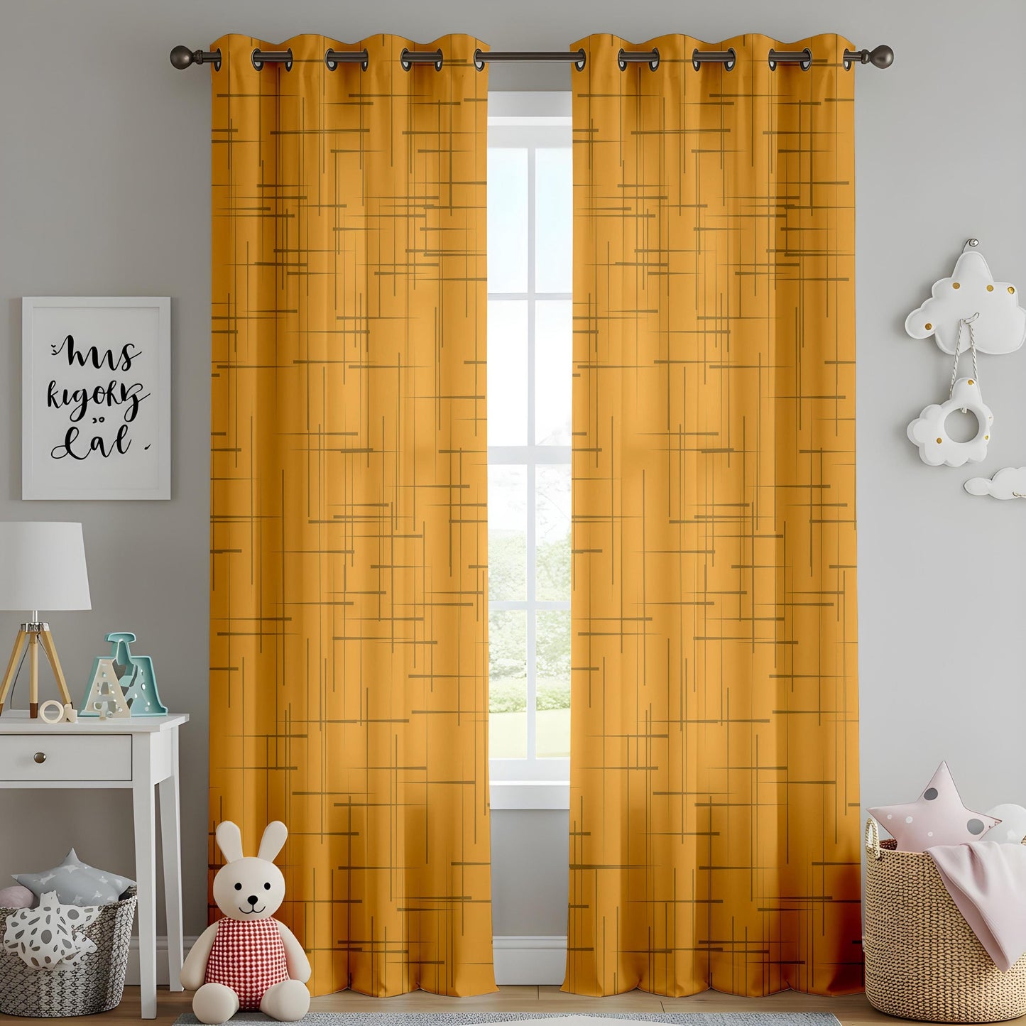 Onay Mustard Yellow Geometric Eyelet Curtains – Mid Century Grid Drapes
