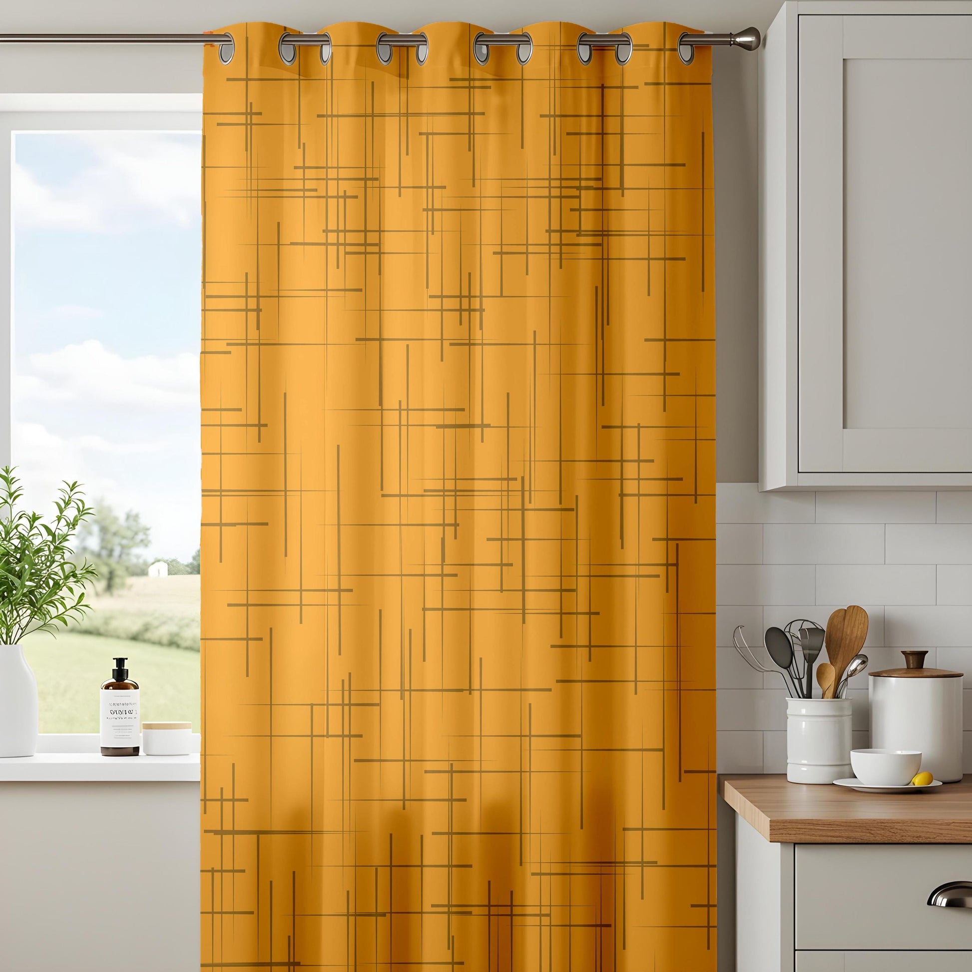 Onay Mustard Yellow Geometric Eyelet Curtains – Mid Century Grid Drapes