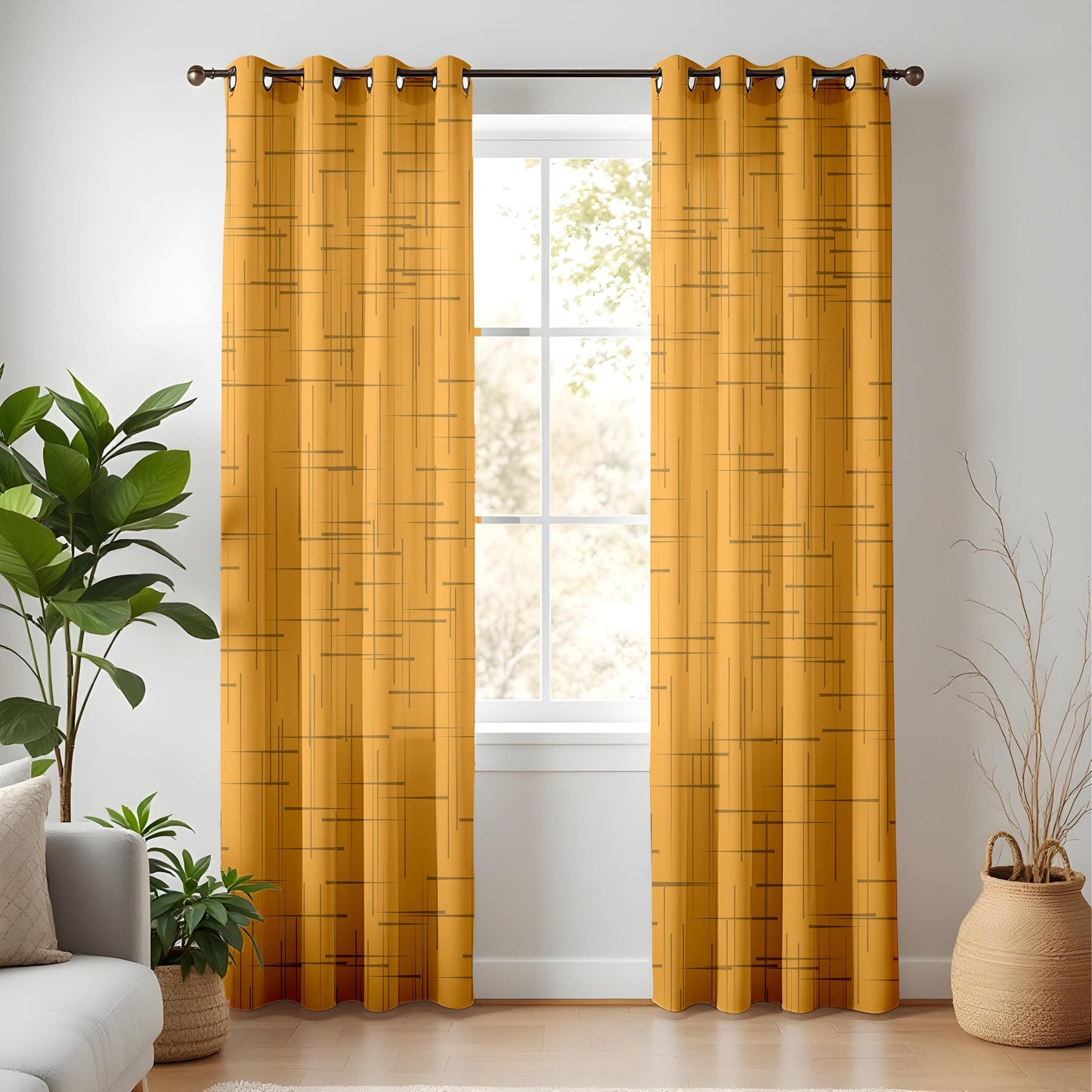 Onay Mustard Yellow Geometric Eyelet Curtains – Mid Century Grid Drapes