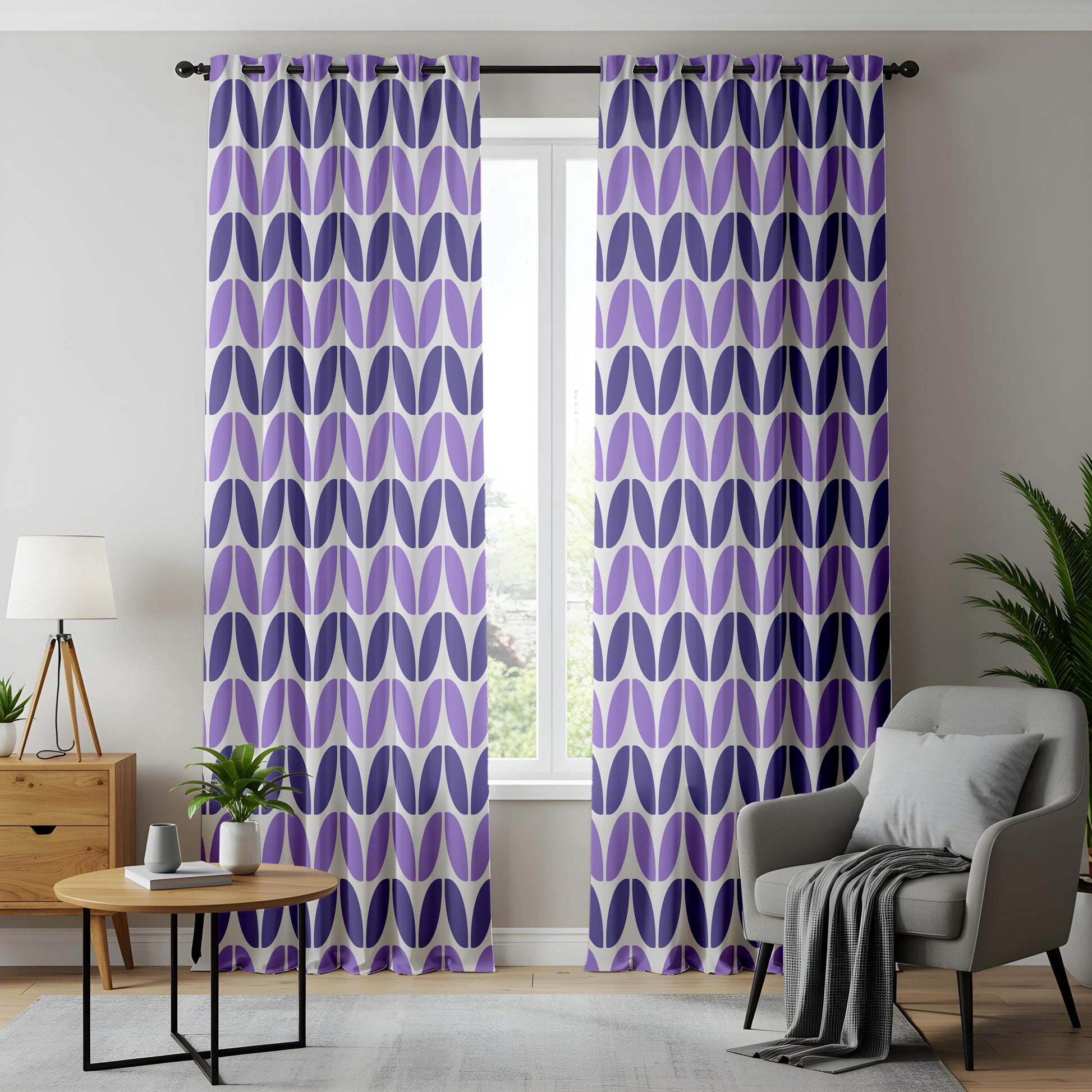 Onay Purple Geometric Eyelet Curtains – Violet Mid Century Oval Drapes