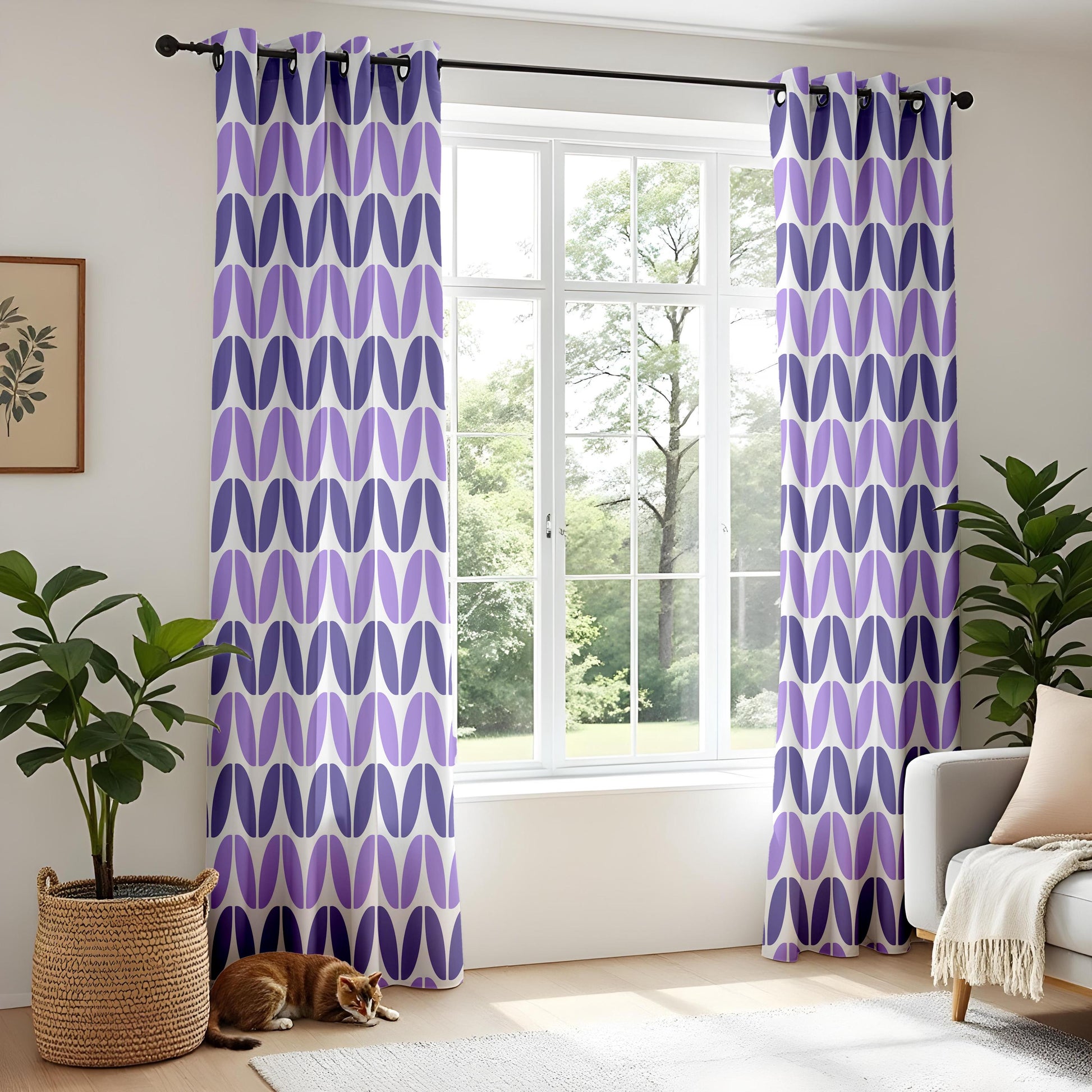 Onay Purple Geometric Eyelet Curtains – Violet Mid Century Oval Drapes