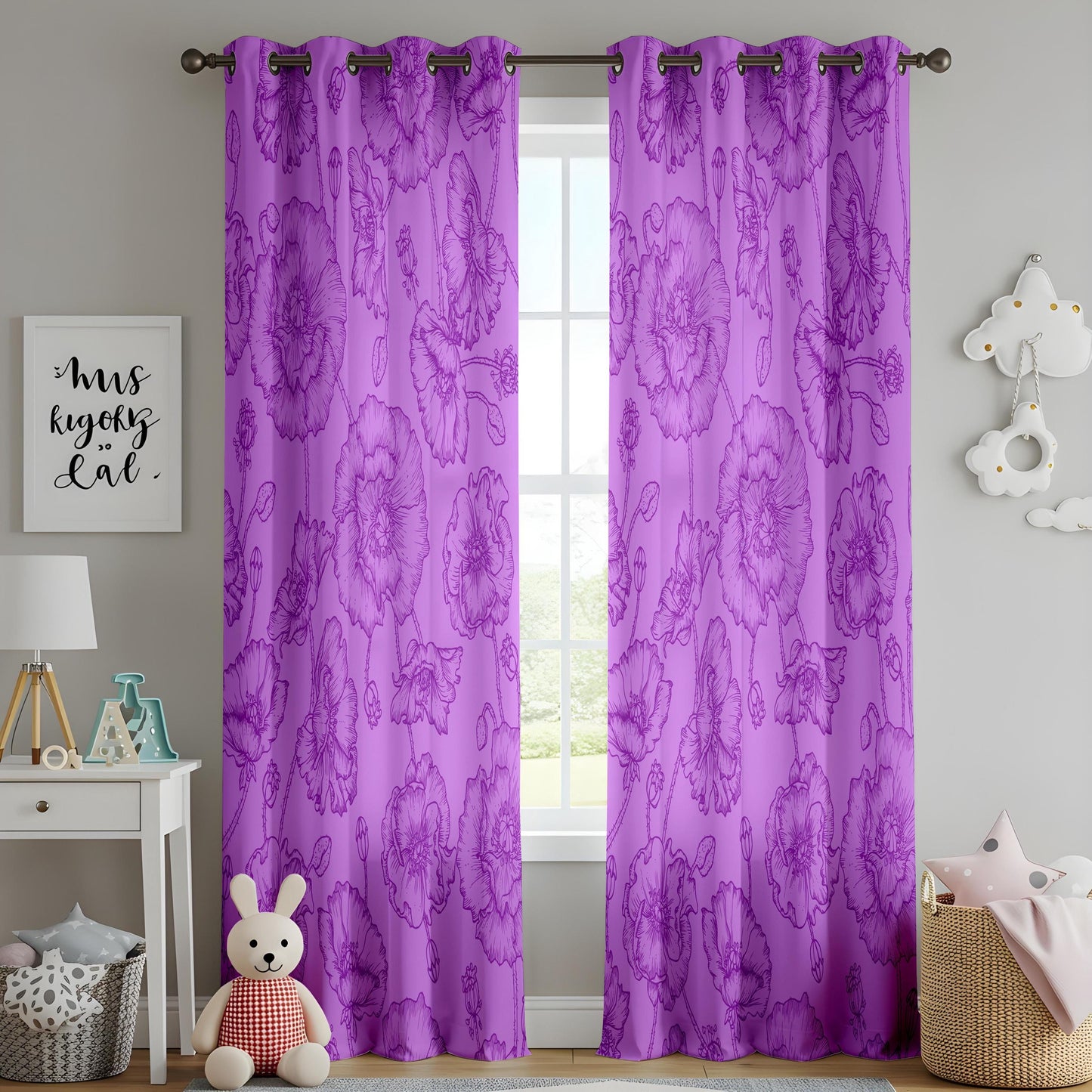 Onay Purple Floral Eyelet Curtains – Violet Peony Baroque Lined Drapes