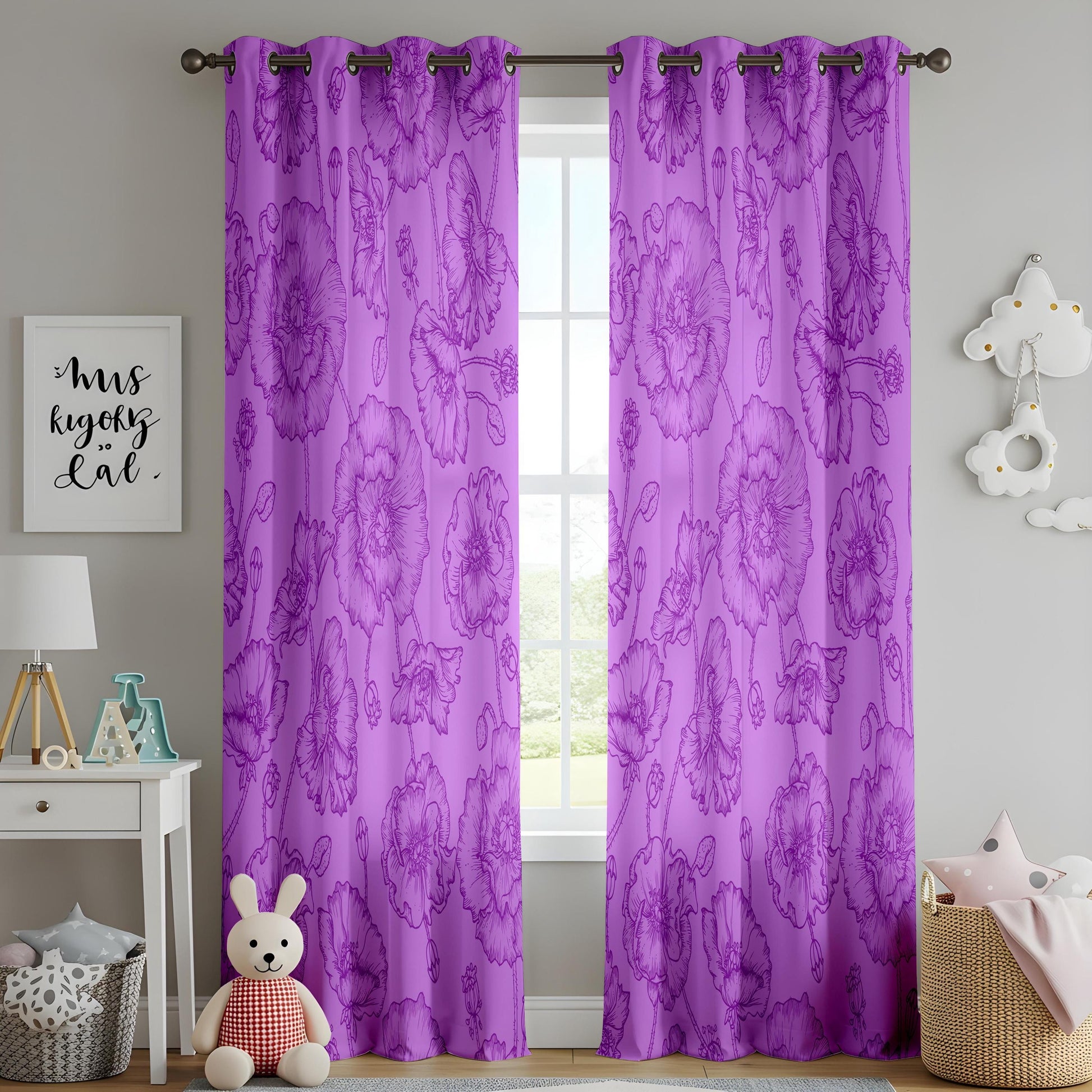 Onay Purple Floral Eyelet Curtains – Violet Peony Baroque Lined Drapes