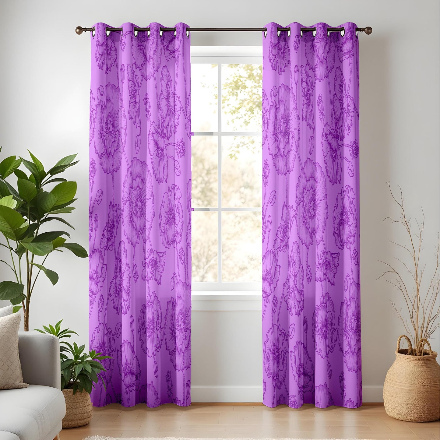 Onay Purple Floral Eyelet Curtains – Violet Peony Baroque Lined Drapes
