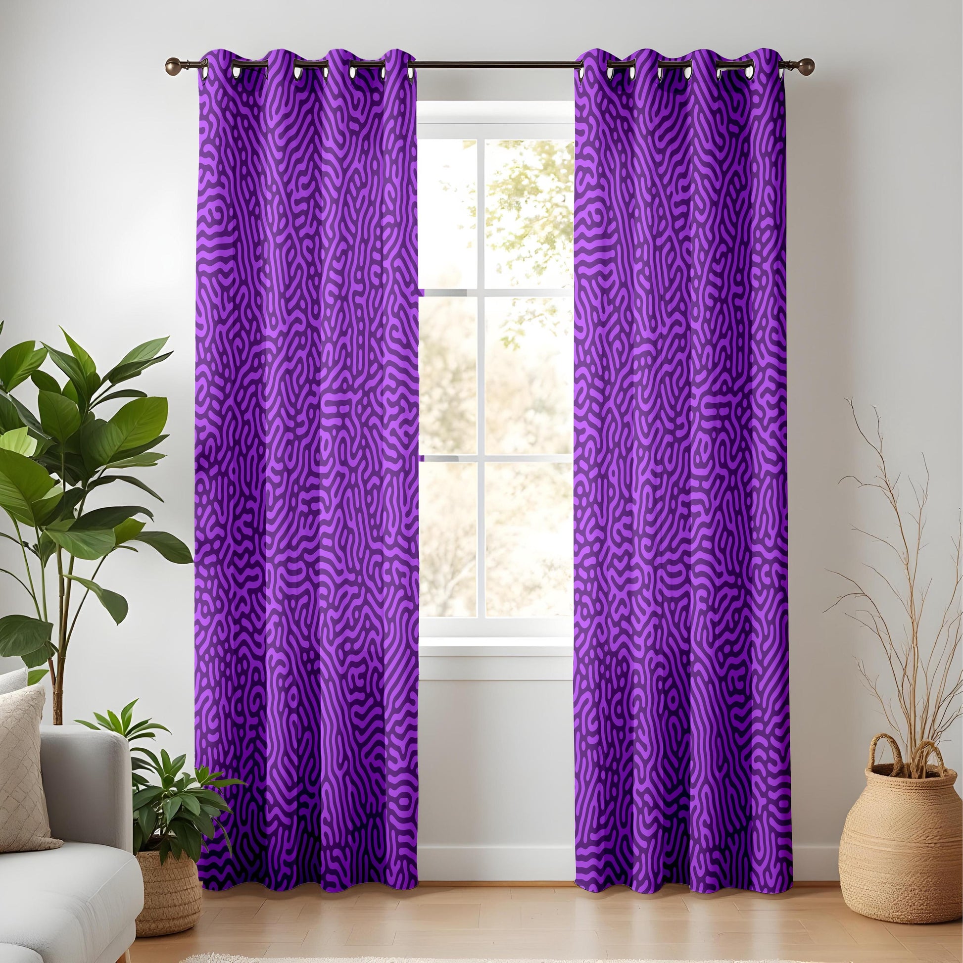 Onay Purple Abstract Eyelet Curtains – Violet Maze Pattern