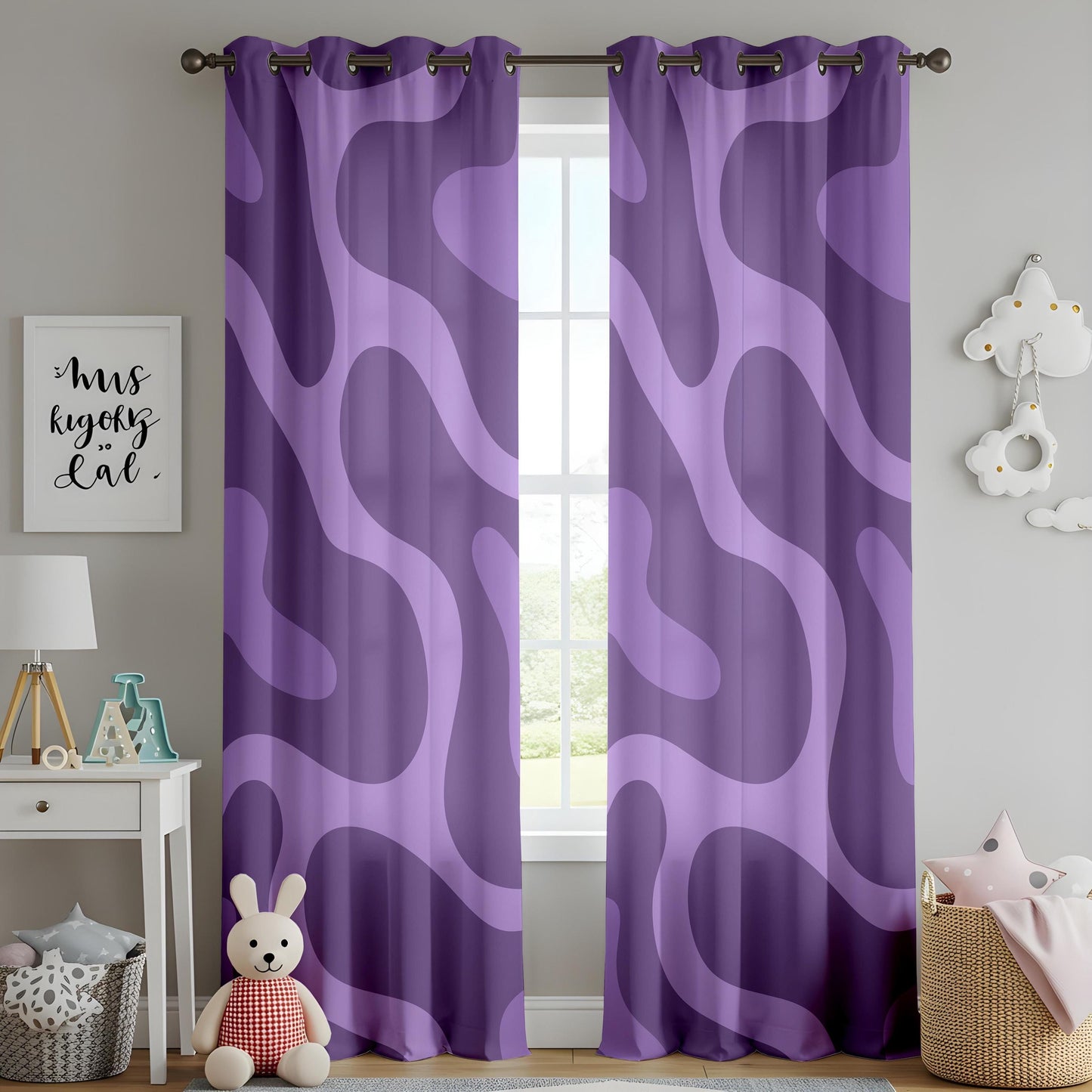 Onay Purple Abstract Swirl Eyelet Curtains – Violet Wave Drapes