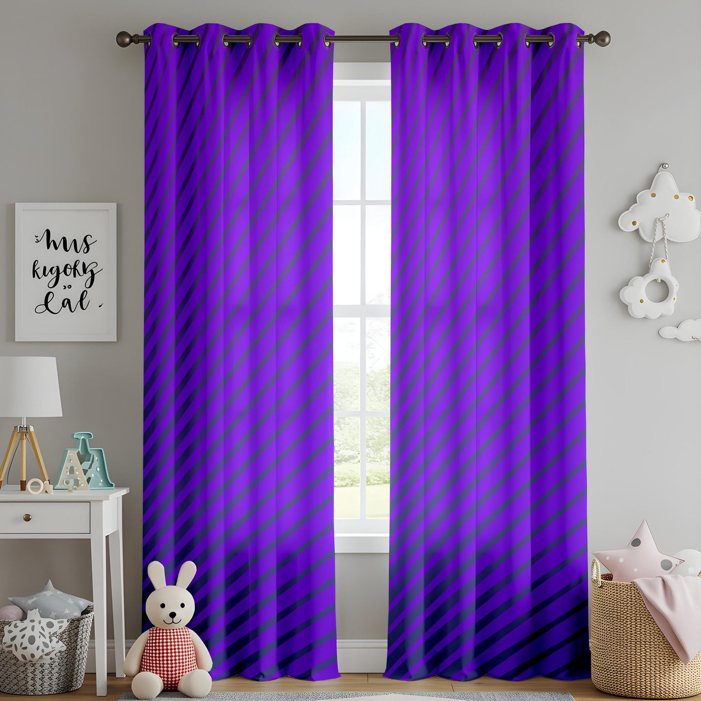 Onay Purple Diagonal Stripe Eyelet Curtains – Violet Bold Lined Drapes