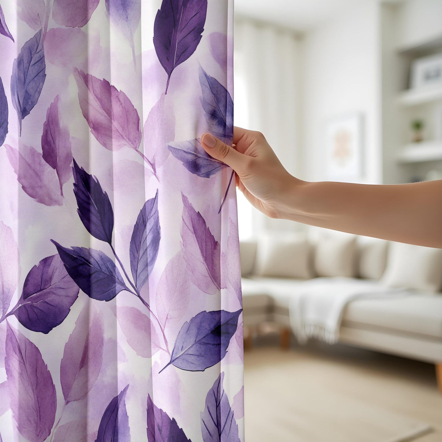 Onay Purple Botanical Leaf Watercolor Curtains – Violet Lined Drapes