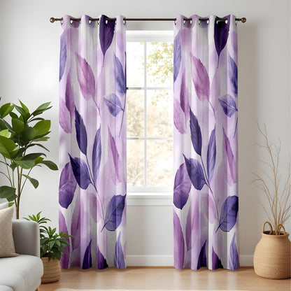 Onay Purple Botanical Leaf Watercolor Curtains – Violet Lined Drapes