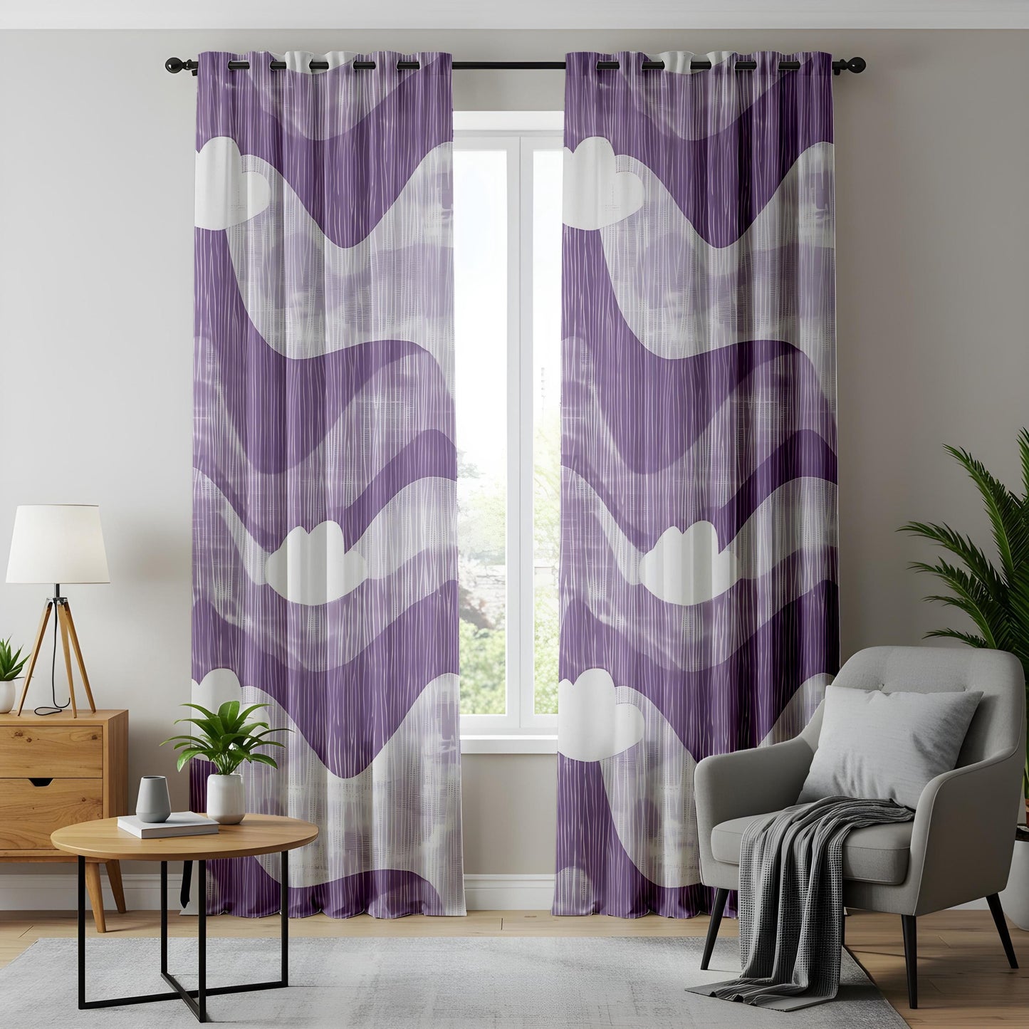 Onay Purple Abstract Wave Eyelet Curtains – Violet Cloud Print Drapes