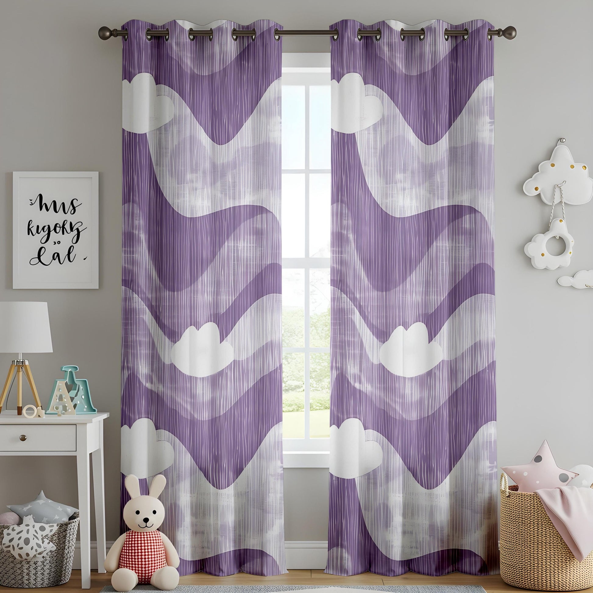 Onay Purple Abstract Wave Eyelet Curtains – Violet Cloud Print Drapes
