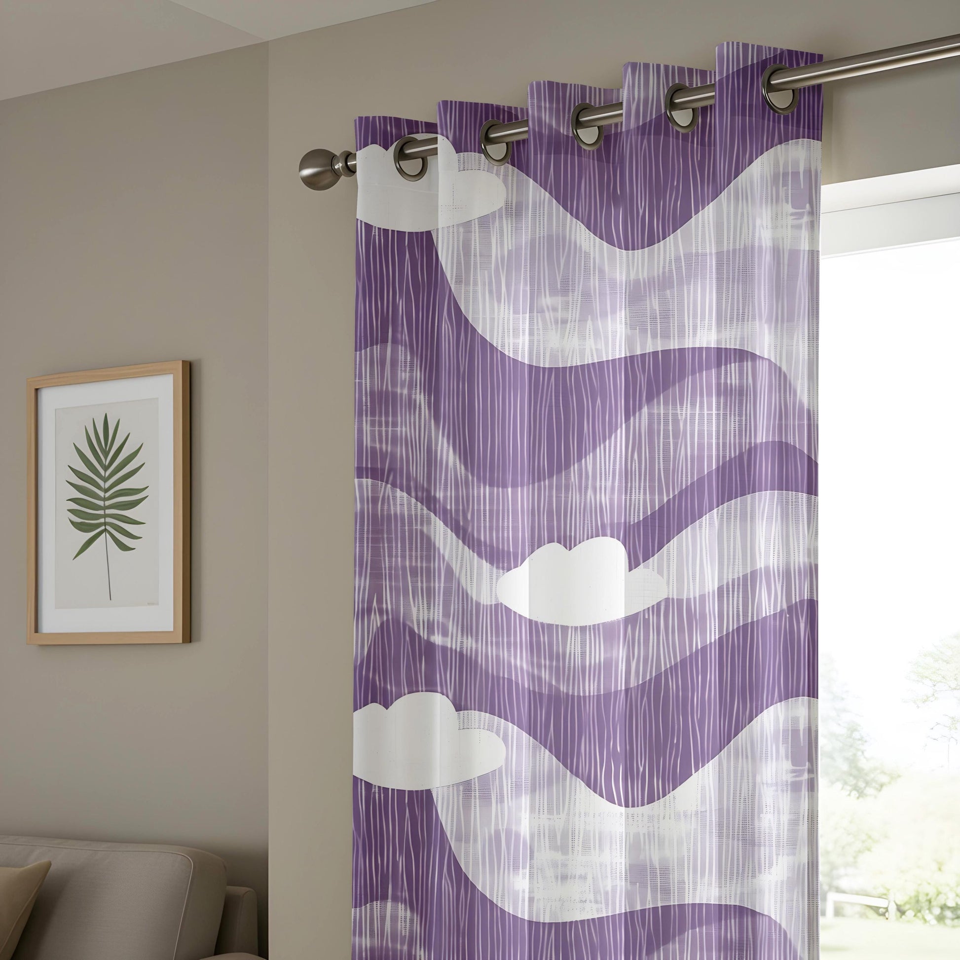 Onay Purple Abstract Wave Eyelet Curtains – Violet Cloud Print Drapes