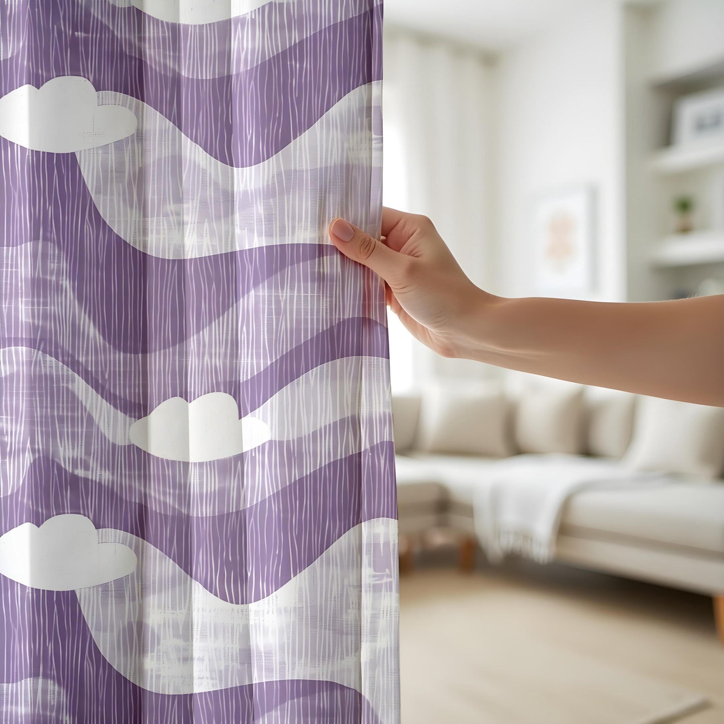 Onay Purple Abstract Wave Eyelet Curtains – Violet Cloud Print Drapes