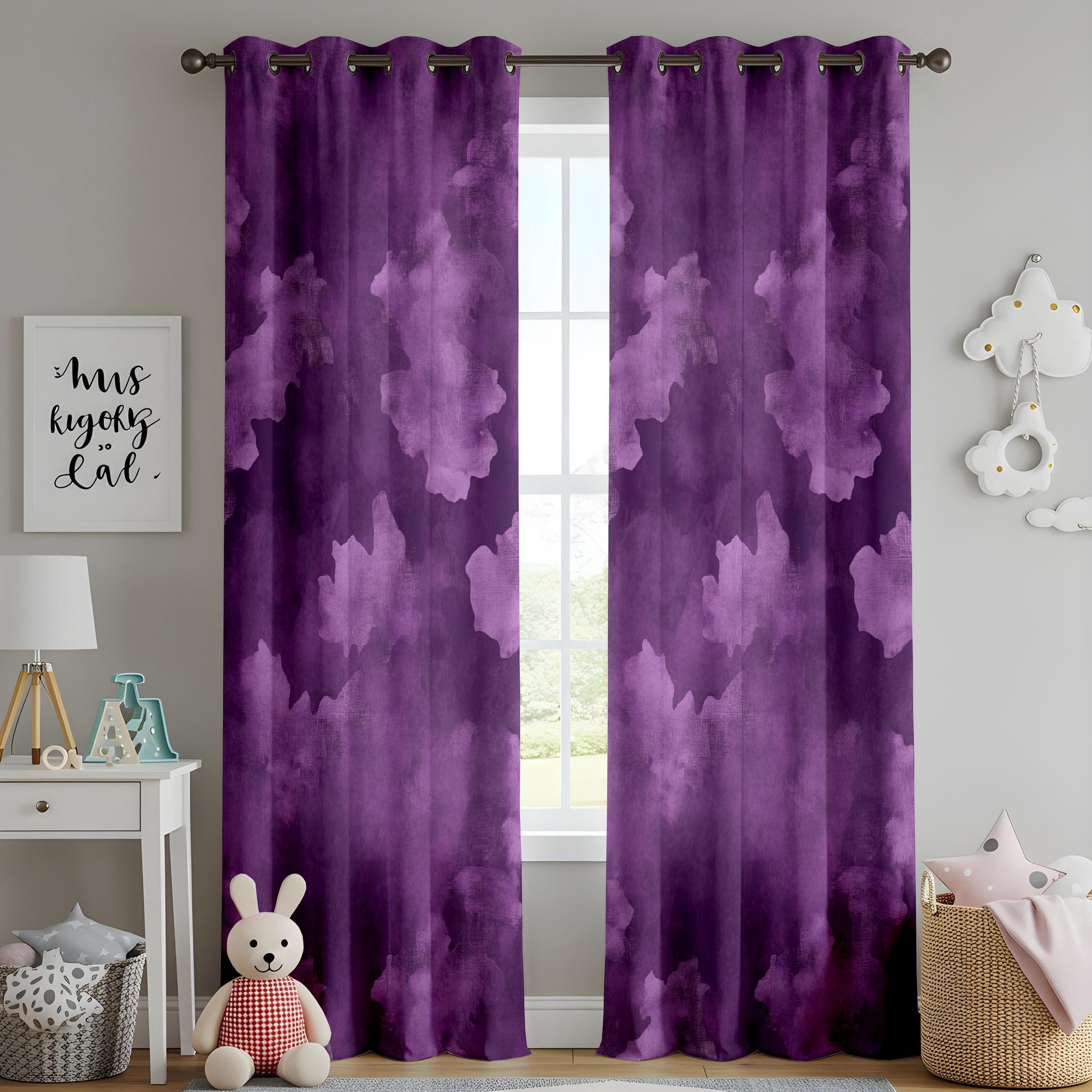 Onay Purple Abstract Cloud Eyelet Curtains – Violet Watercolor Lined Drapes