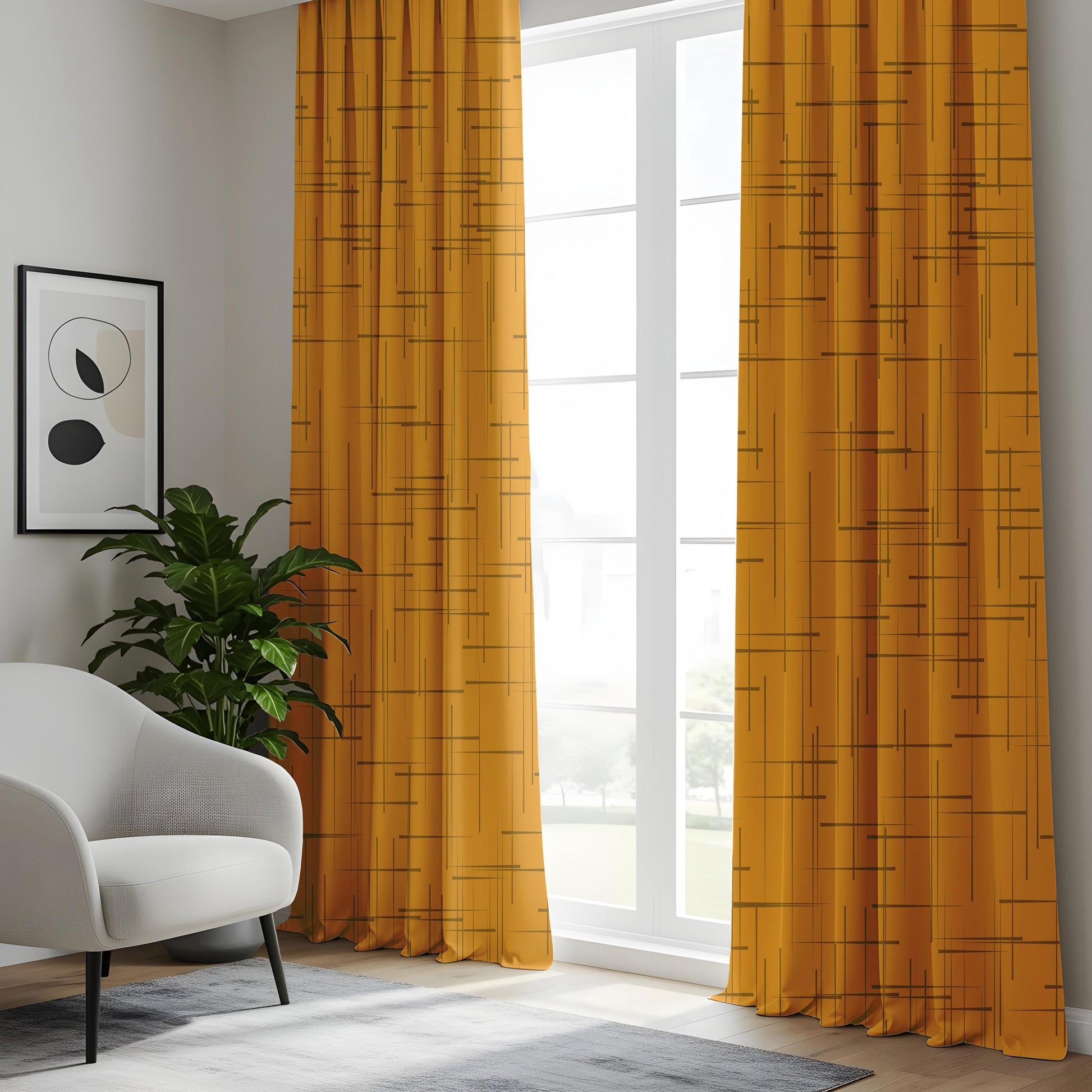 Onay Mustard Yellow Geometric Eyelet Curtains – Mid Century Grid Drapes