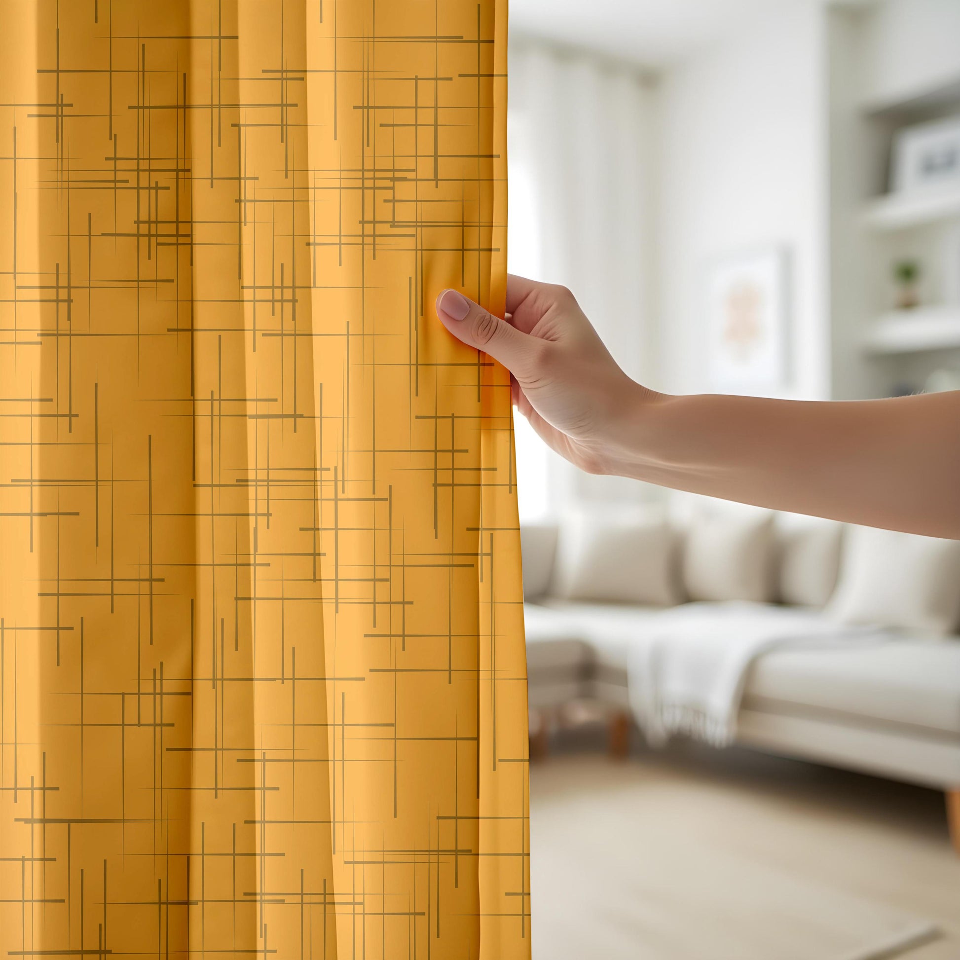 Onay Mustard Yellow Geometric Eyelet Curtains – Mid Century Grid Drapes