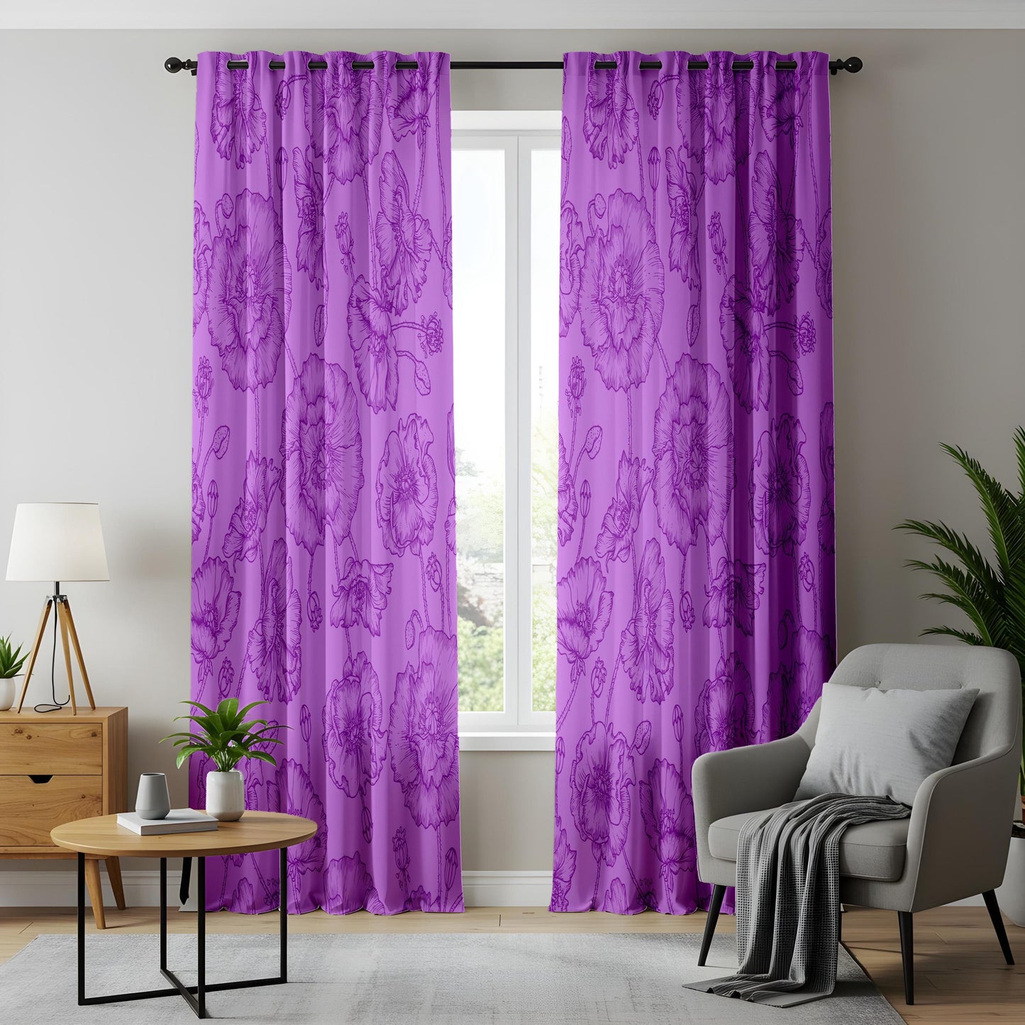 Onay Purple Floral Eyelet Curtains – Violet Peony Baroque Lined Drapes