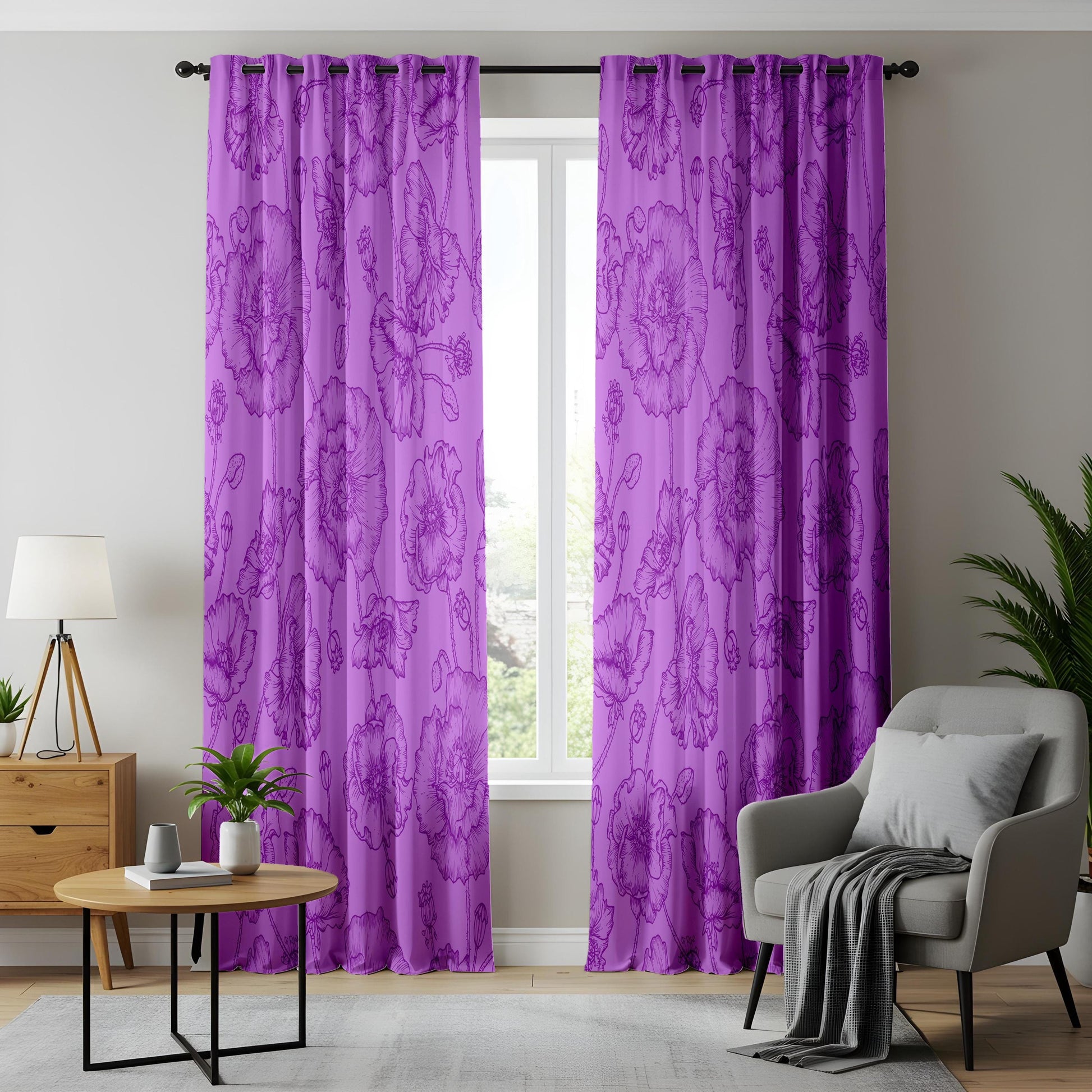 Onay Purple Floral Eyelet Curtains – Violet Peony Baroque Lined Drapes