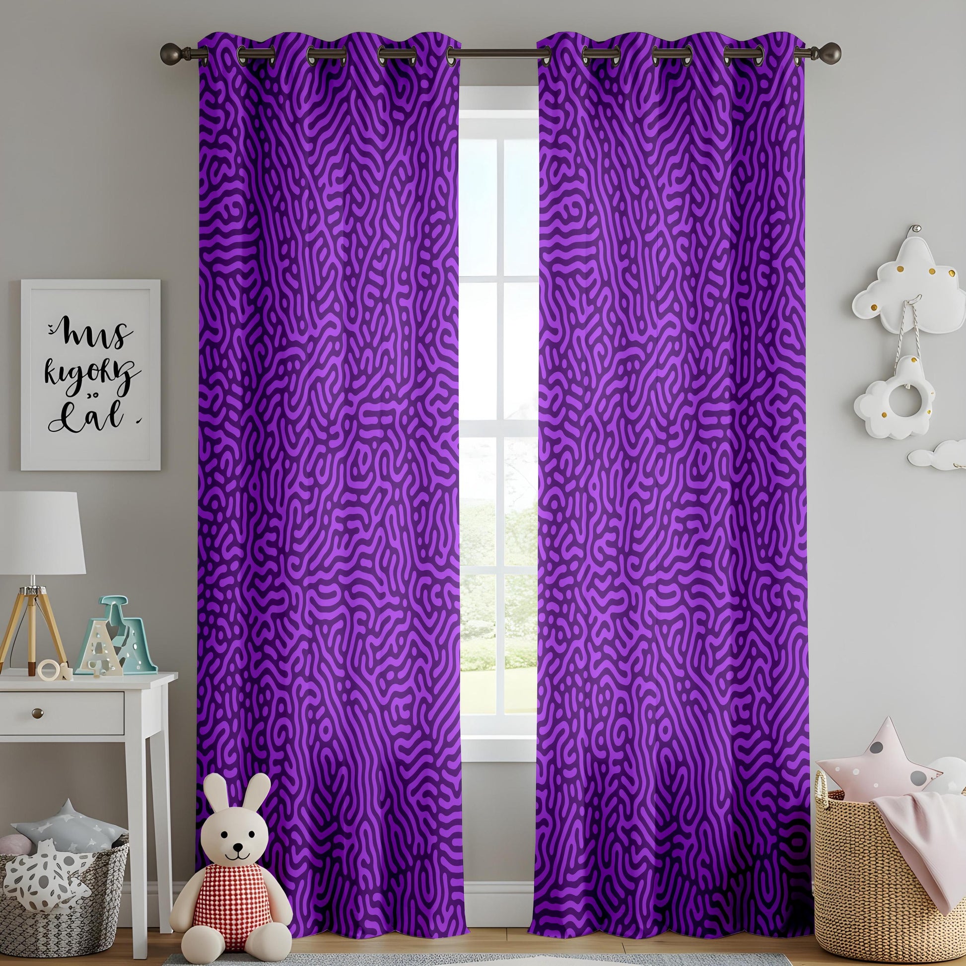 Onay Purple Abstract Eyelet Curtains – Violet Maze Pattern