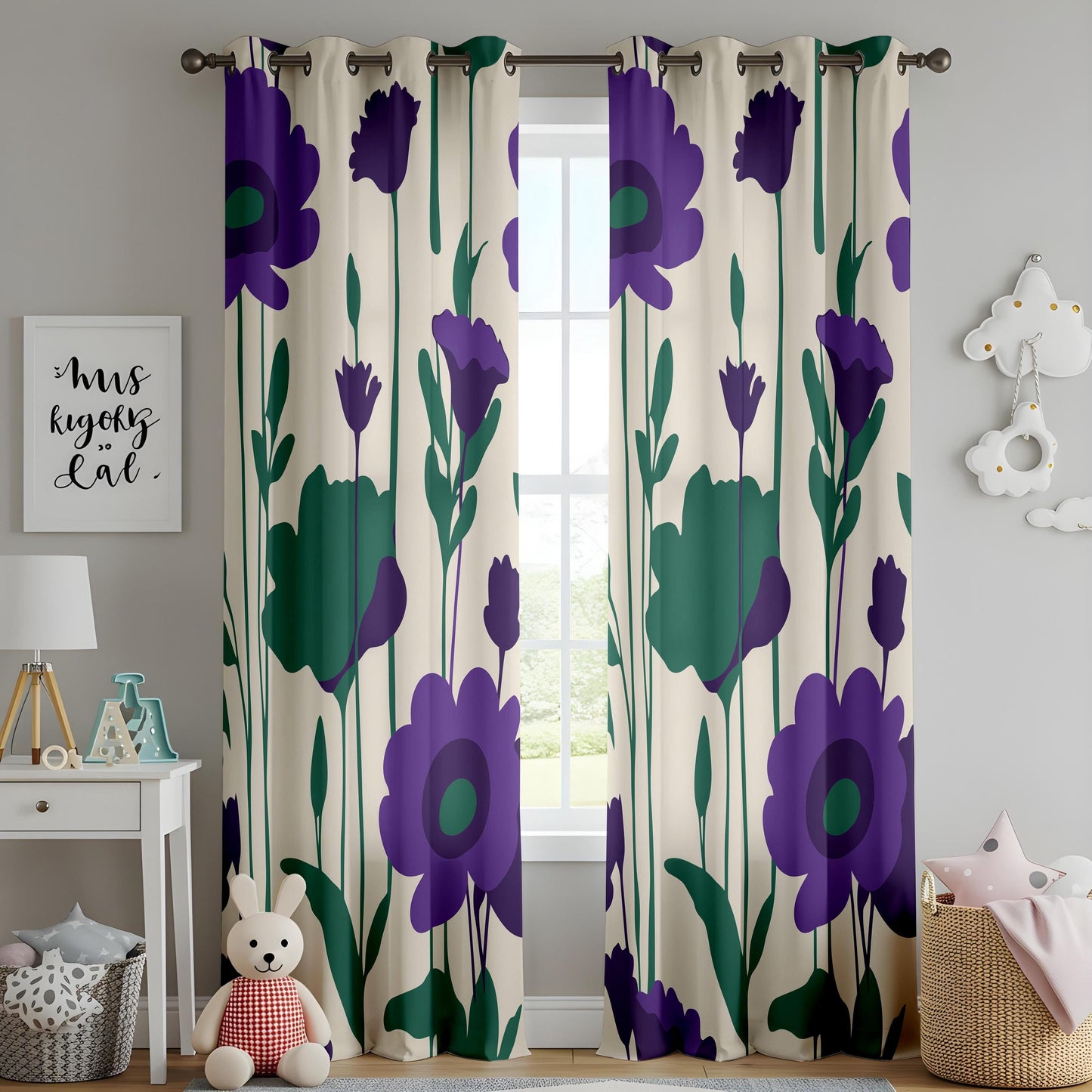 Onay Purple Floral Eyelet Curtains – Bold Poppy Maximalist Drapes