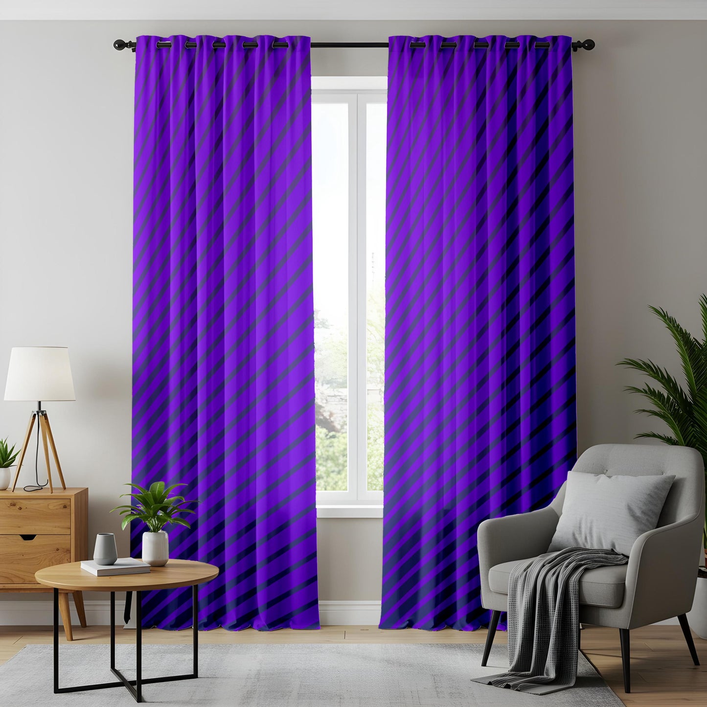 Onay Purple Diagonal Stripe Eyelet Curtains – Violet Bold Lined Drapes