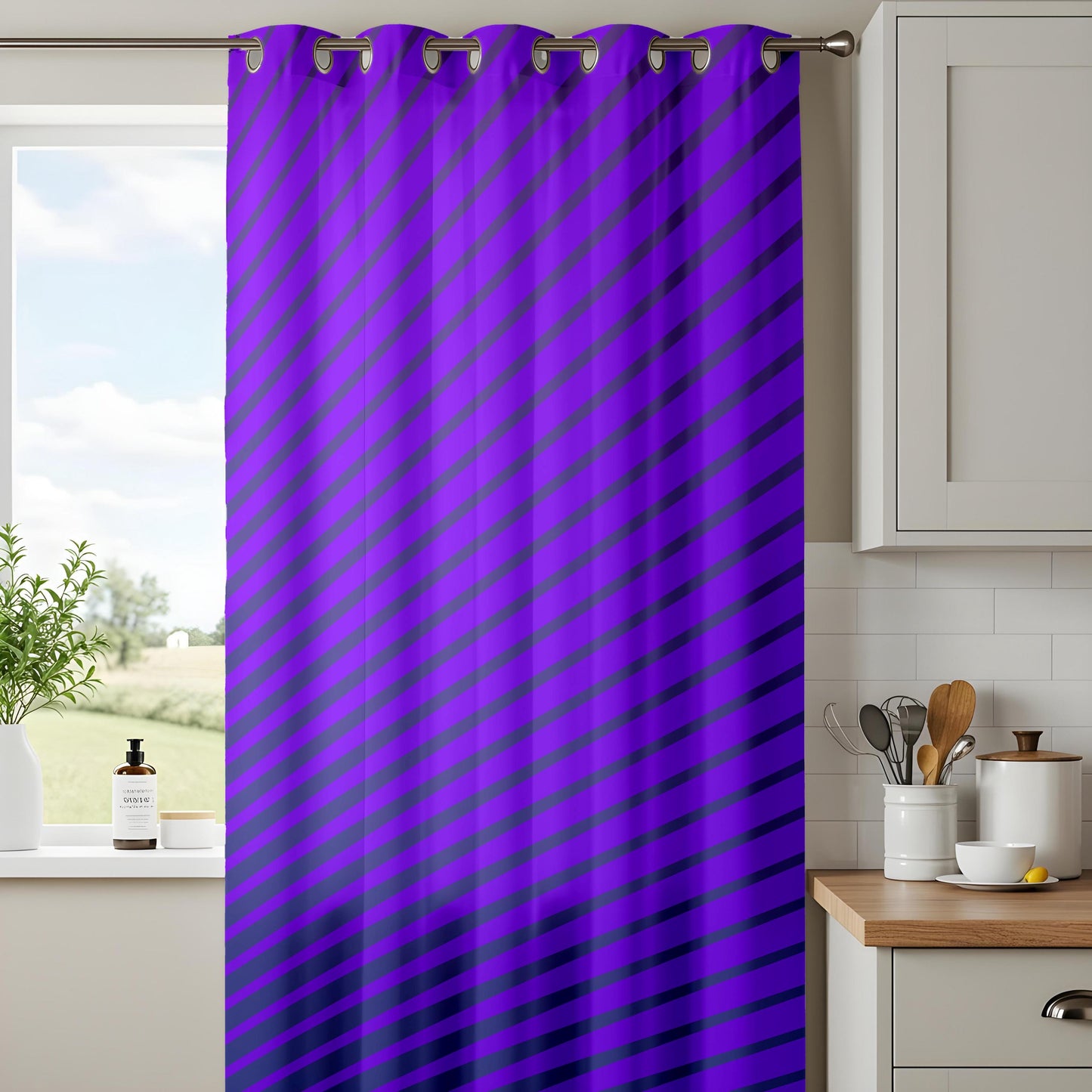 Onay Purple Diagonal Stripe Eyelet Curtains – Violet Bold Lined Drapes
