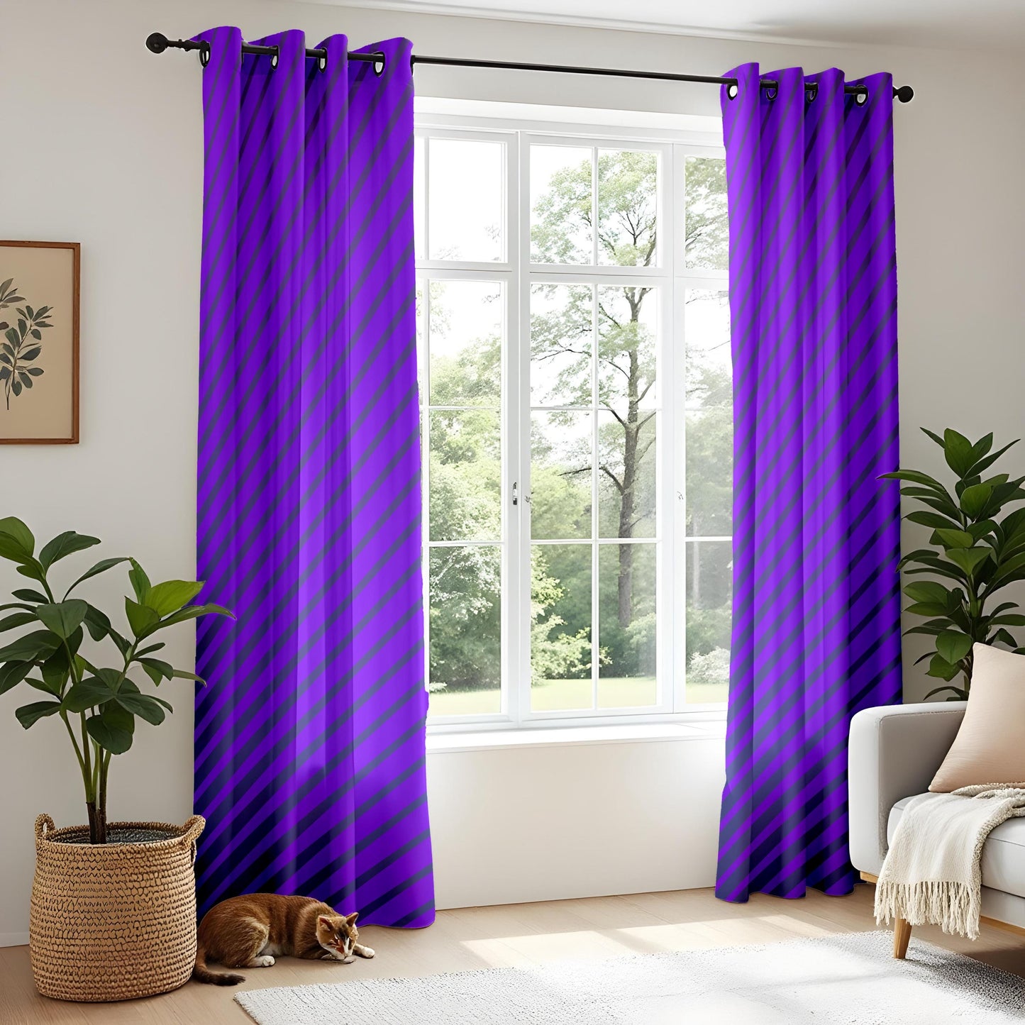 Onay Purple Diagonal Stripe Eyelet Curtains – Violet Bold Lined Drapes