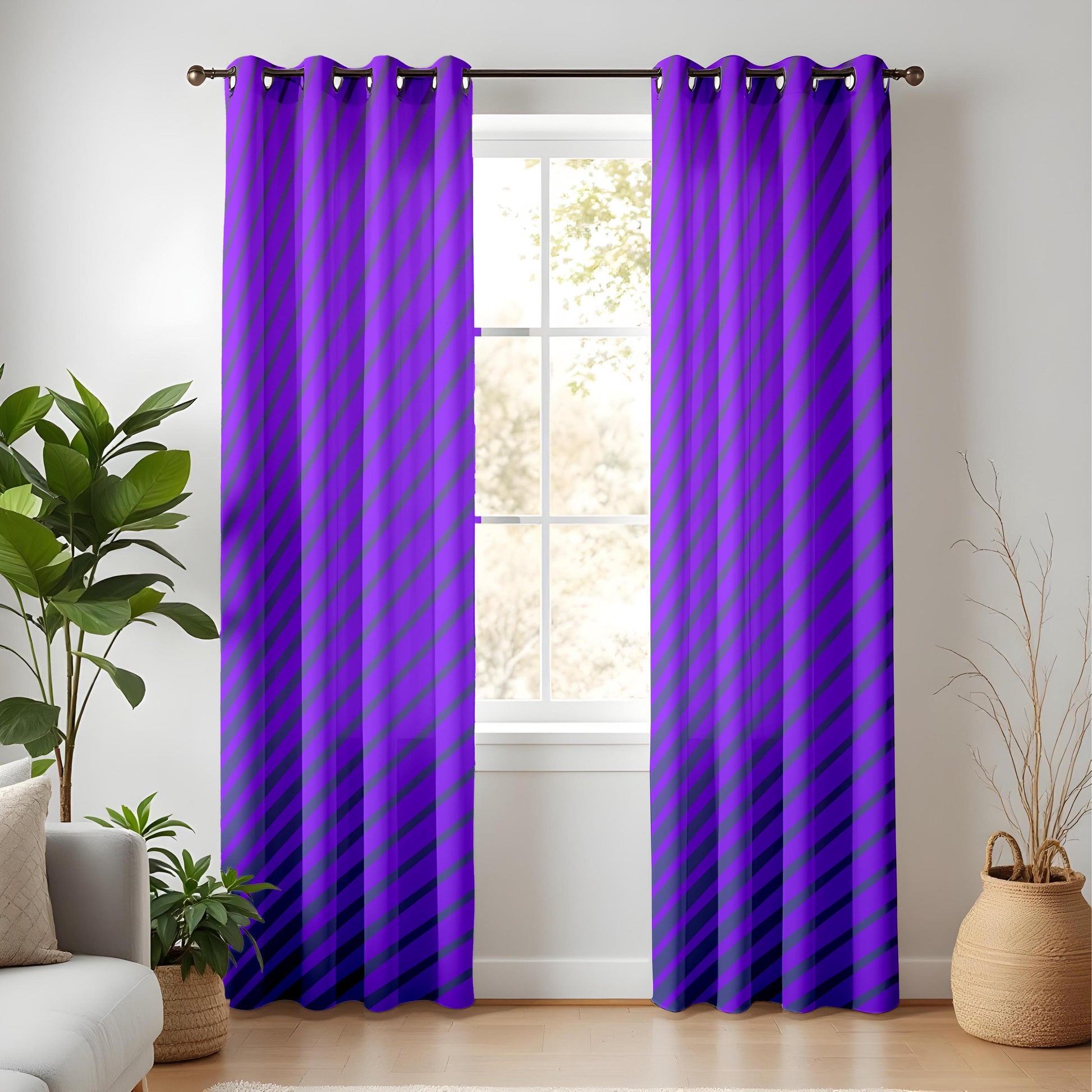 Onay Purple Diagonal Stripe Eyelet Curtains – Violet Bold Lined Drapes