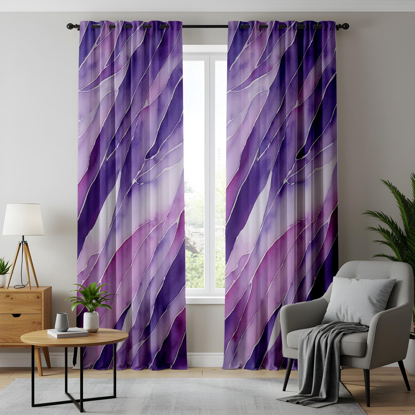 Purple Watercolor Curtains, Abstract Violet Wave Drapes, Made to Measure