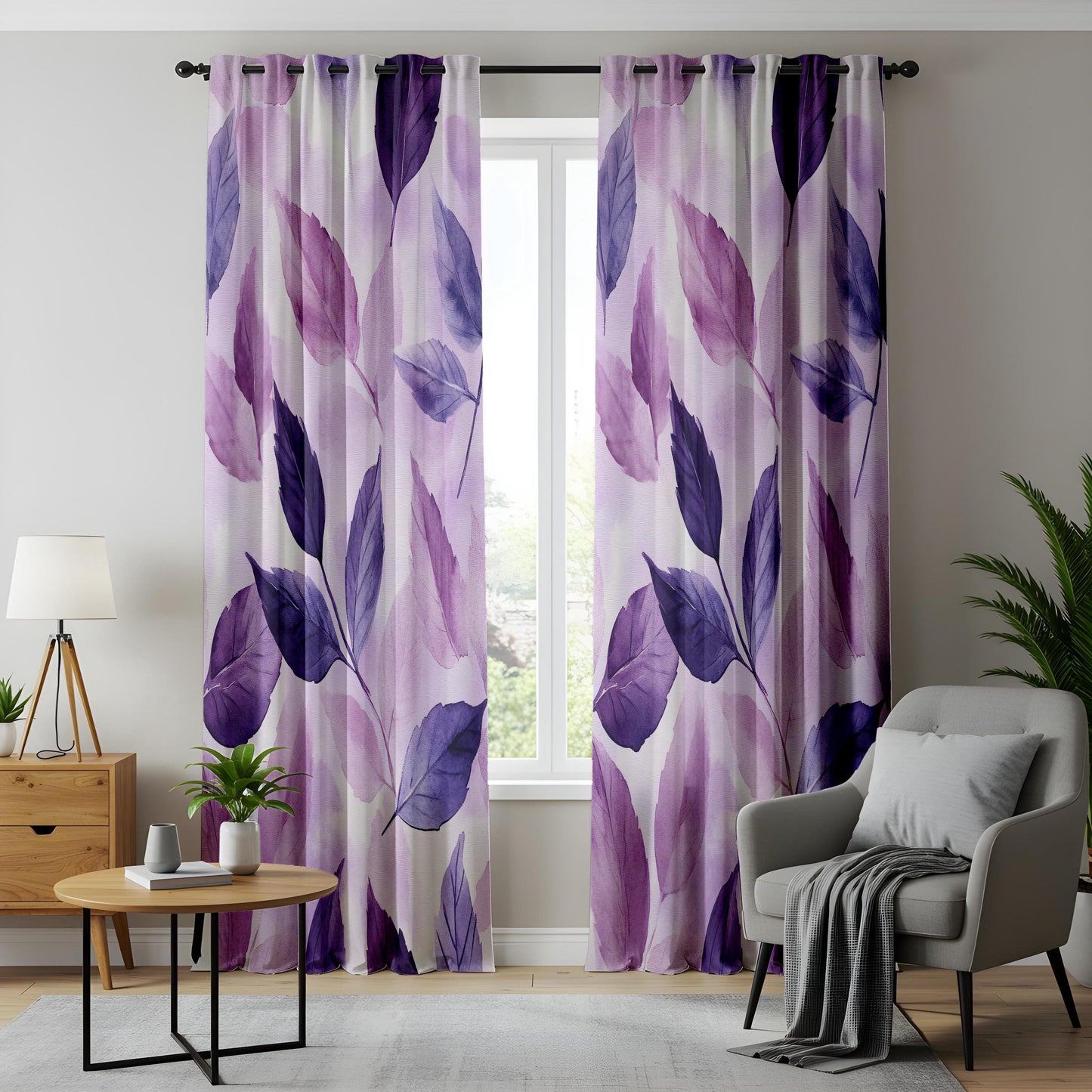 Onay Purple Botanical Leaf Watercolor Curtains – Violet Lined Drapes
