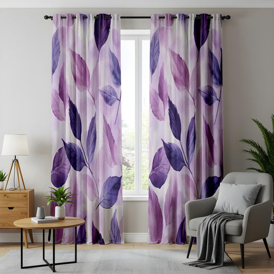 Onay Purple Botanical Leaf Watercolor Curtains – Violet Lined Drapes