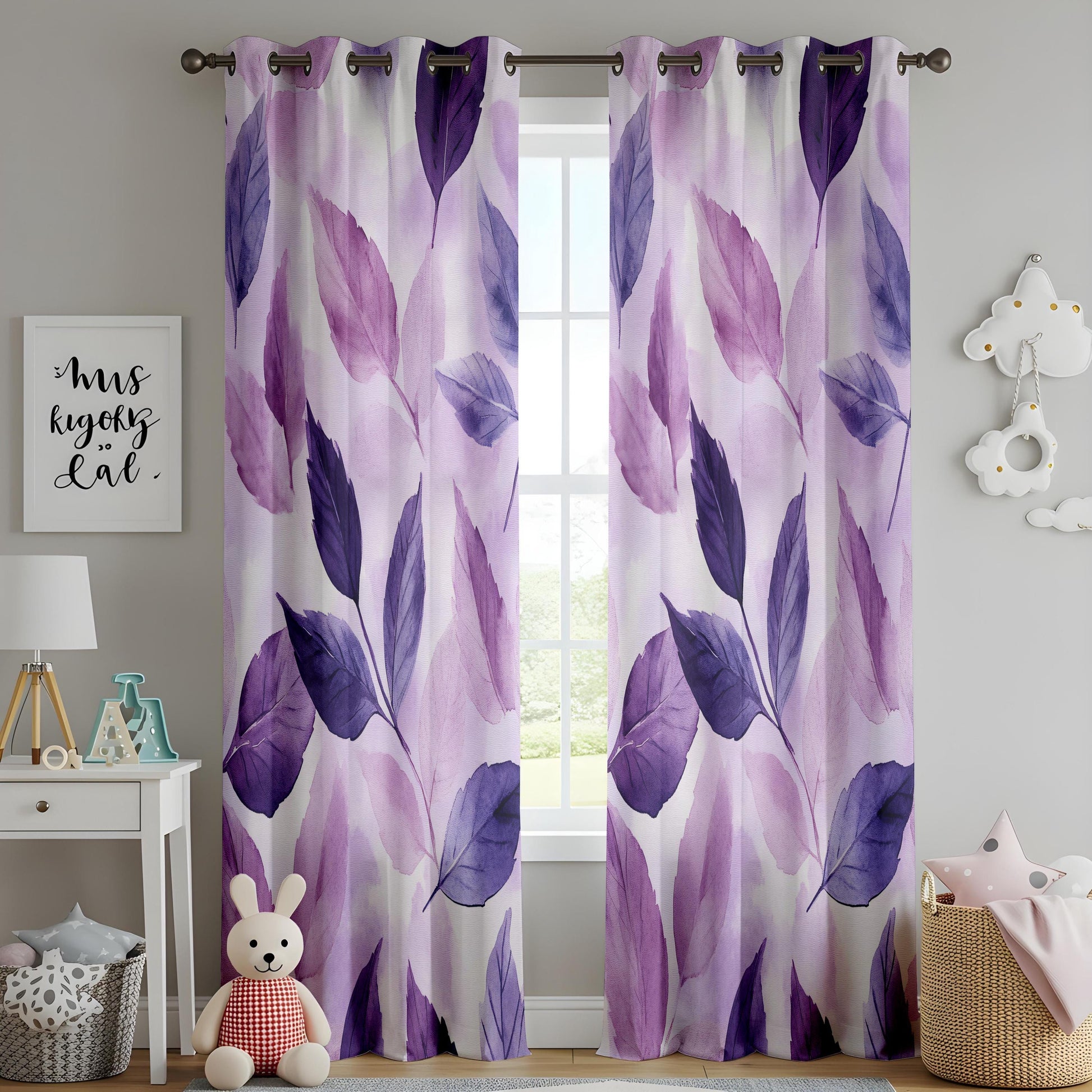 Onay Purple Botanical Leaf Watercolor Curtains – Violet Lined Drapes
