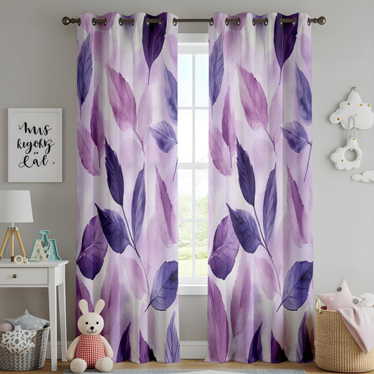 Onay Purple Botanical Leaf Watercolor Curtains – Violet Lined Drapes