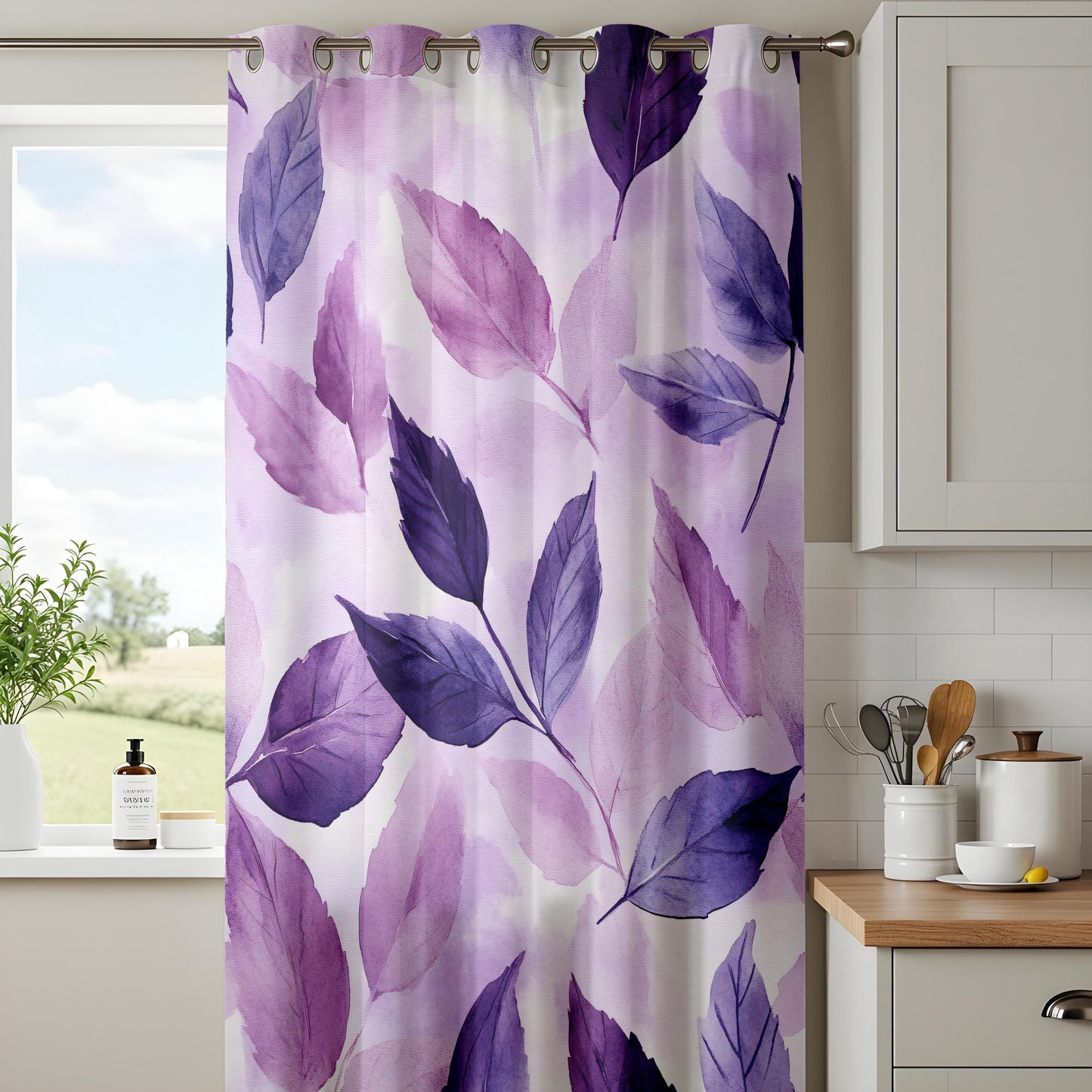 Onay Purple Botanical Leaf Watercolor Curtains – Violet Lined Drapes
