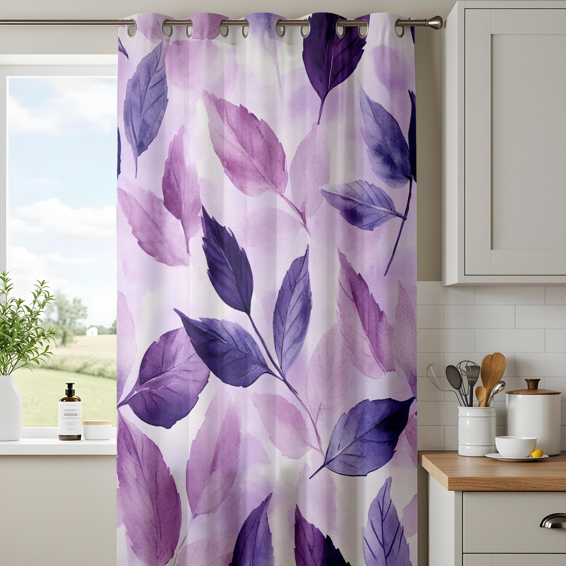Onay Purple Botanical Leaf Watercolor Curtains – Violet Lined Drapes