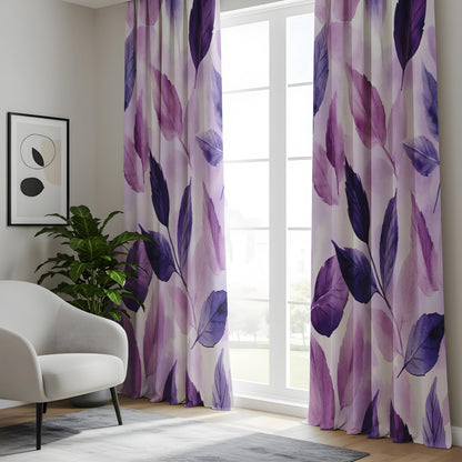 Onay Purple Botanical Leaf Watercolor Curtains – Violet Lined Drapes