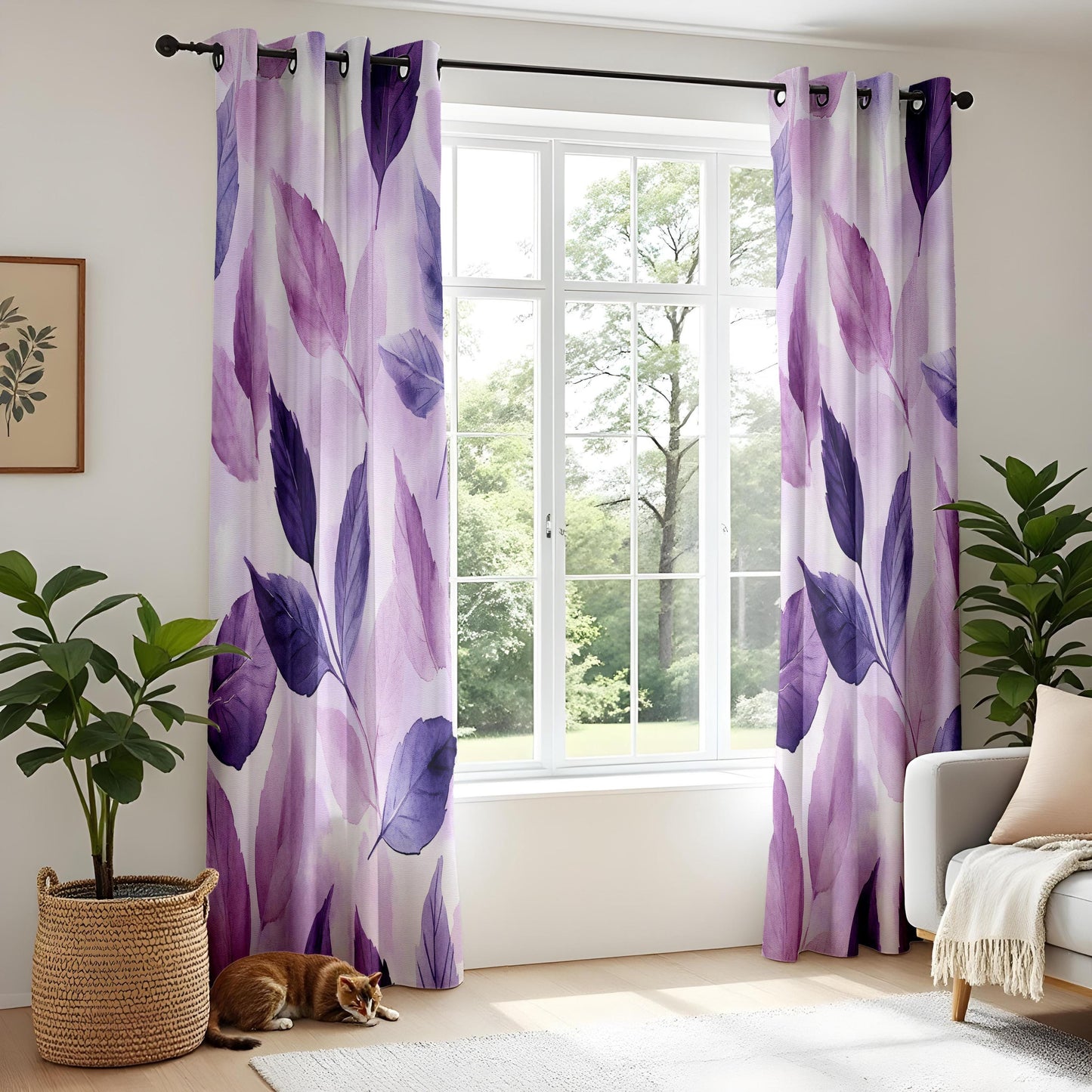 Onay Purple Botanical Leaf Watercolor Curtains – Violet Lined Drapes