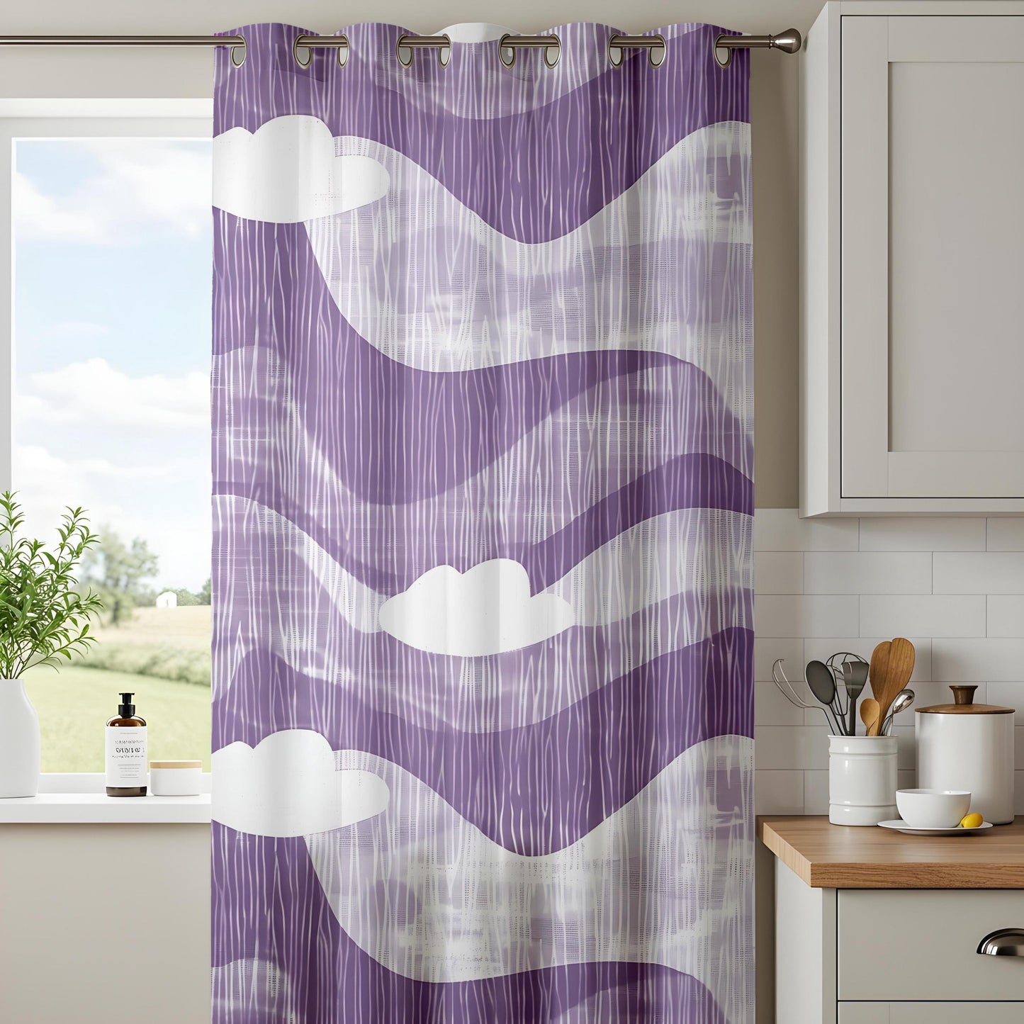 Onay Purple Abstract Wave Eyelet Curtains – Violet Cloud Print Drapes