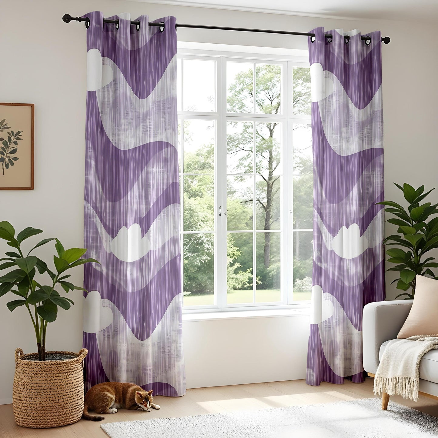 Onay Purple Abstract Wave Eyelet Curtains – Violet Cloud Print Drapes