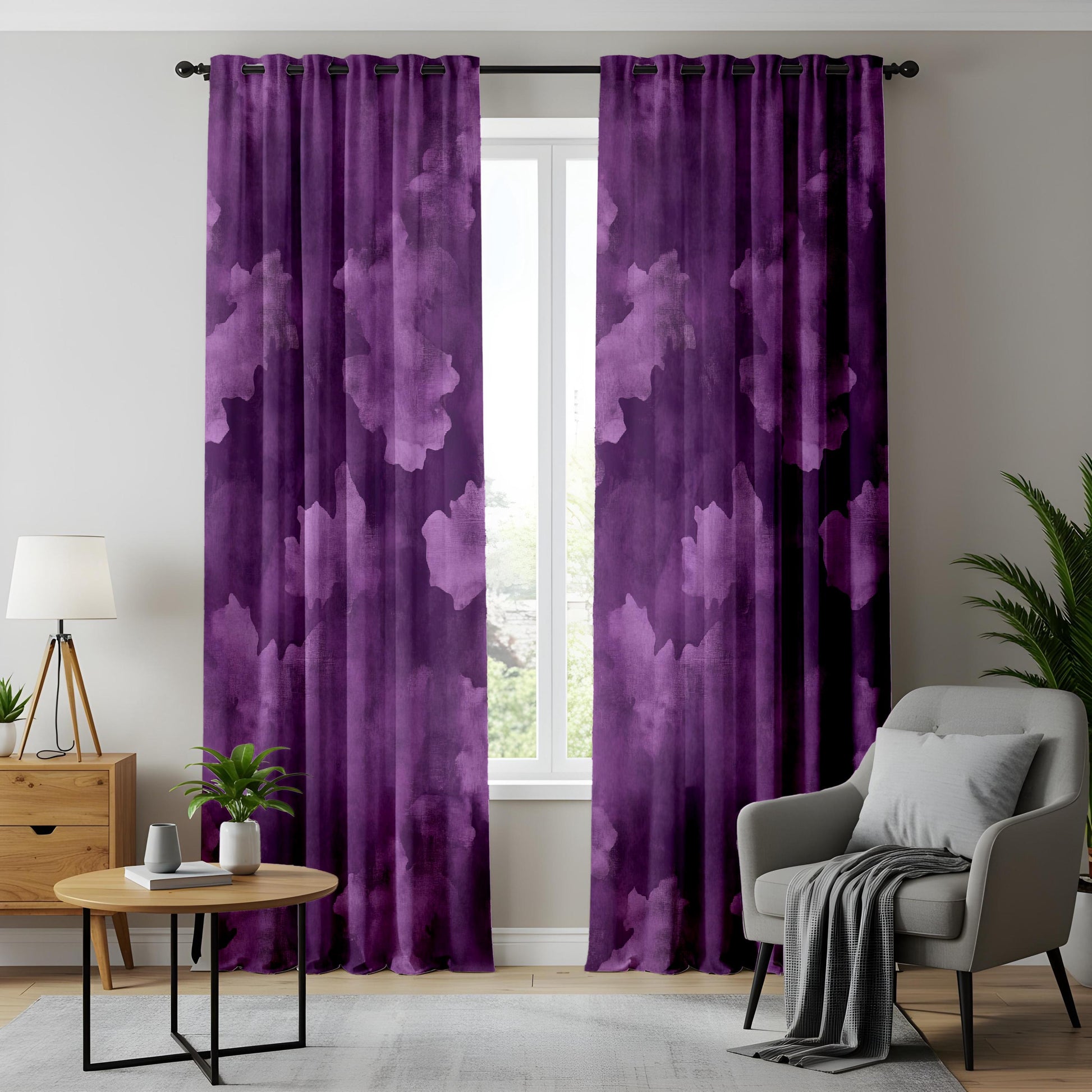 Onay Purple Abstract Cloud Eyelet Curtains – Violet Watercolor Lined Drapes