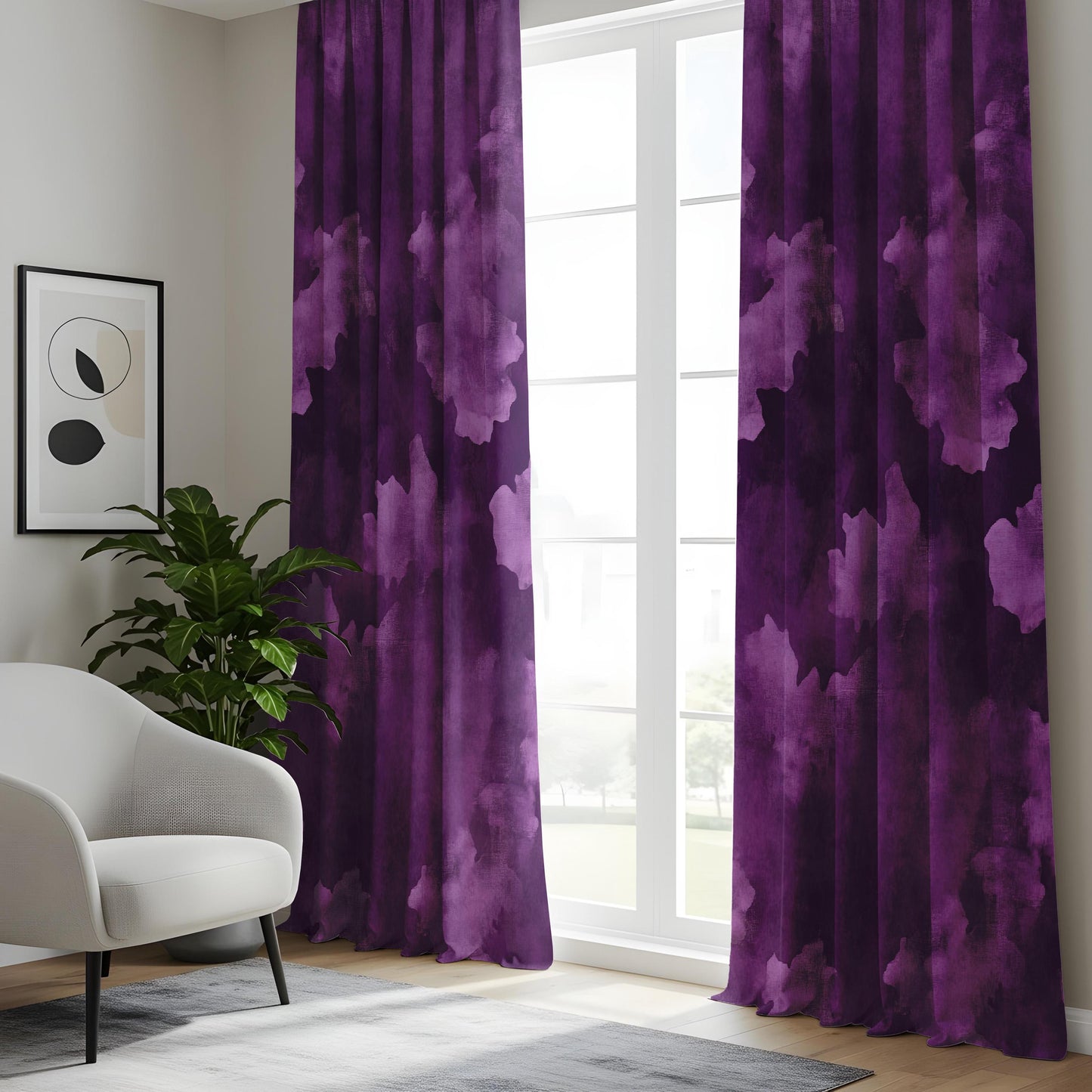 Onay Purple Abstract Cloud Eyelet Curtains – Violet Watercolor Lined Drapes